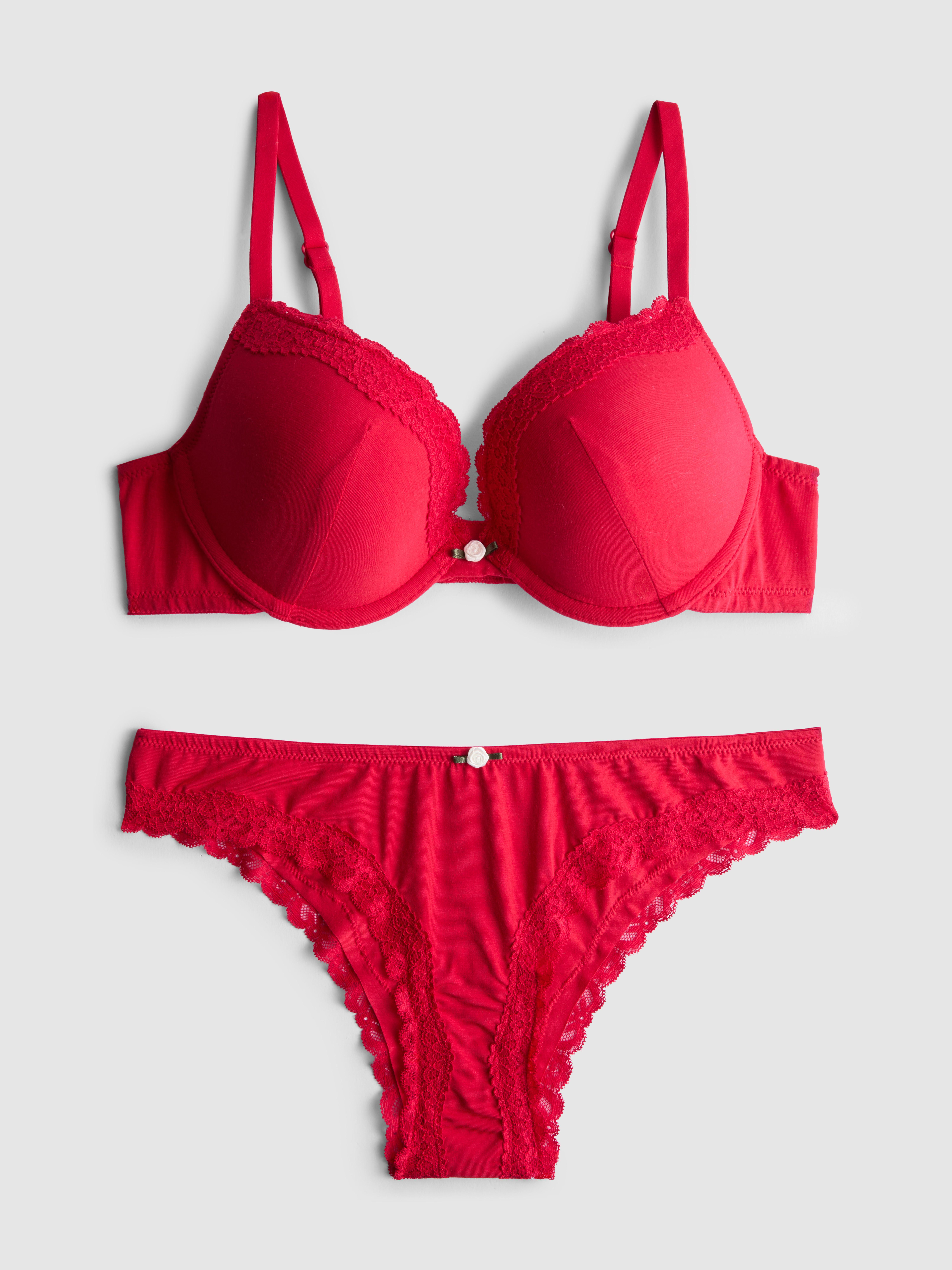 Lace Trim Push Up Bra and Brazilian Briefs Set Red