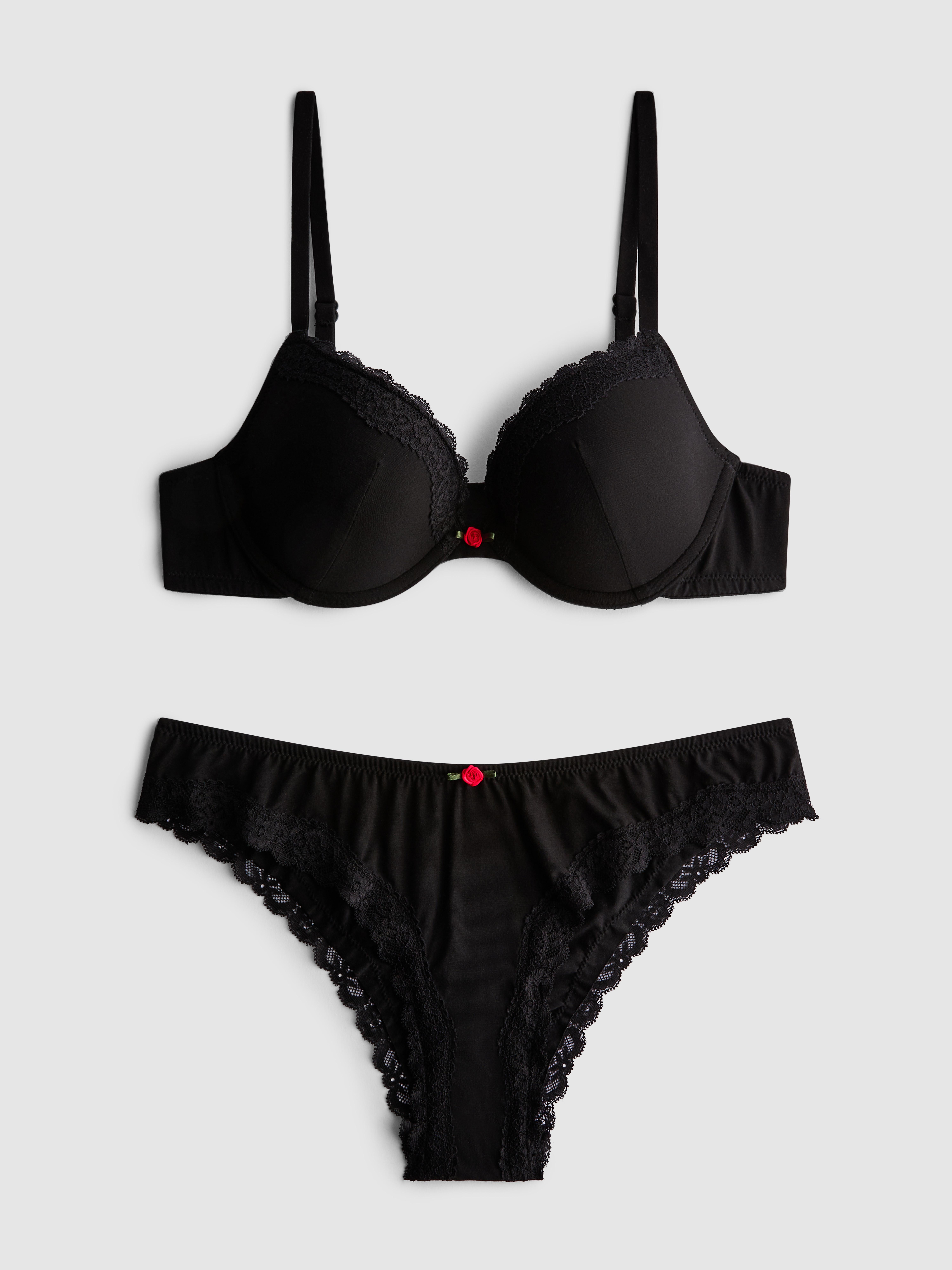 Lace Trim Push Up Bra and Brazilian Briefs Set