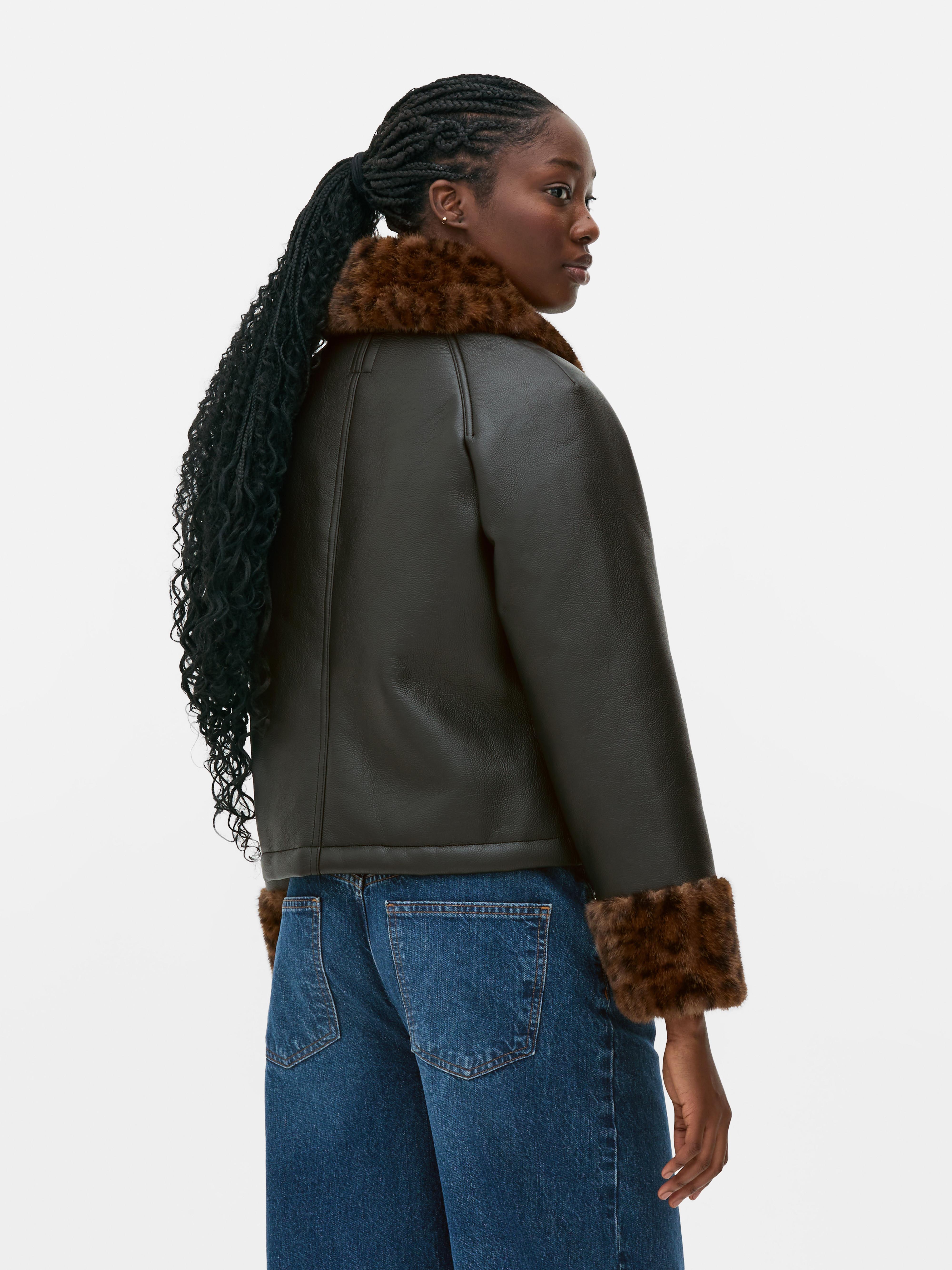 Leopard Trim Faux Leather Jacket