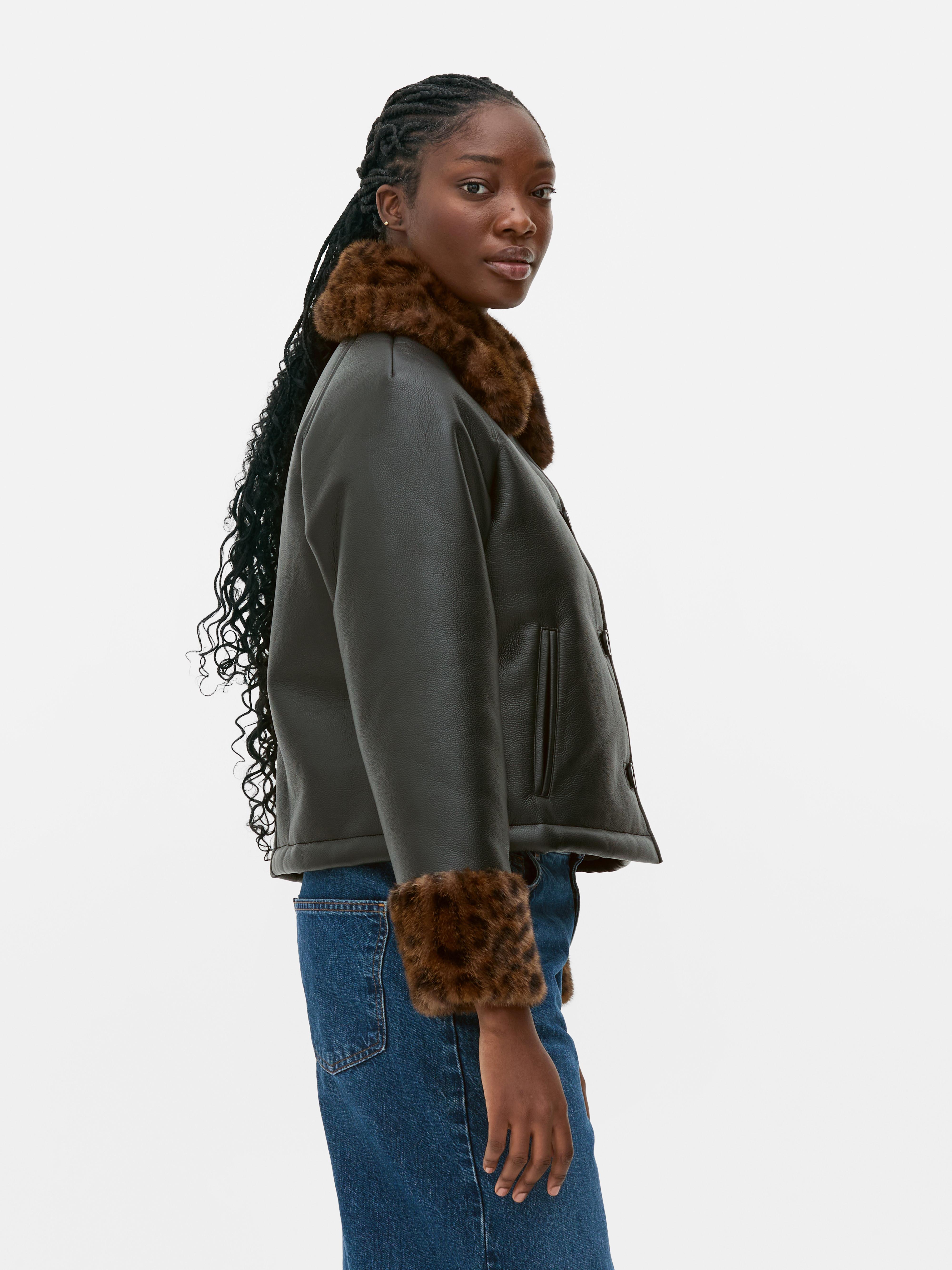 Leopard Trim Faux Leather Jacket
