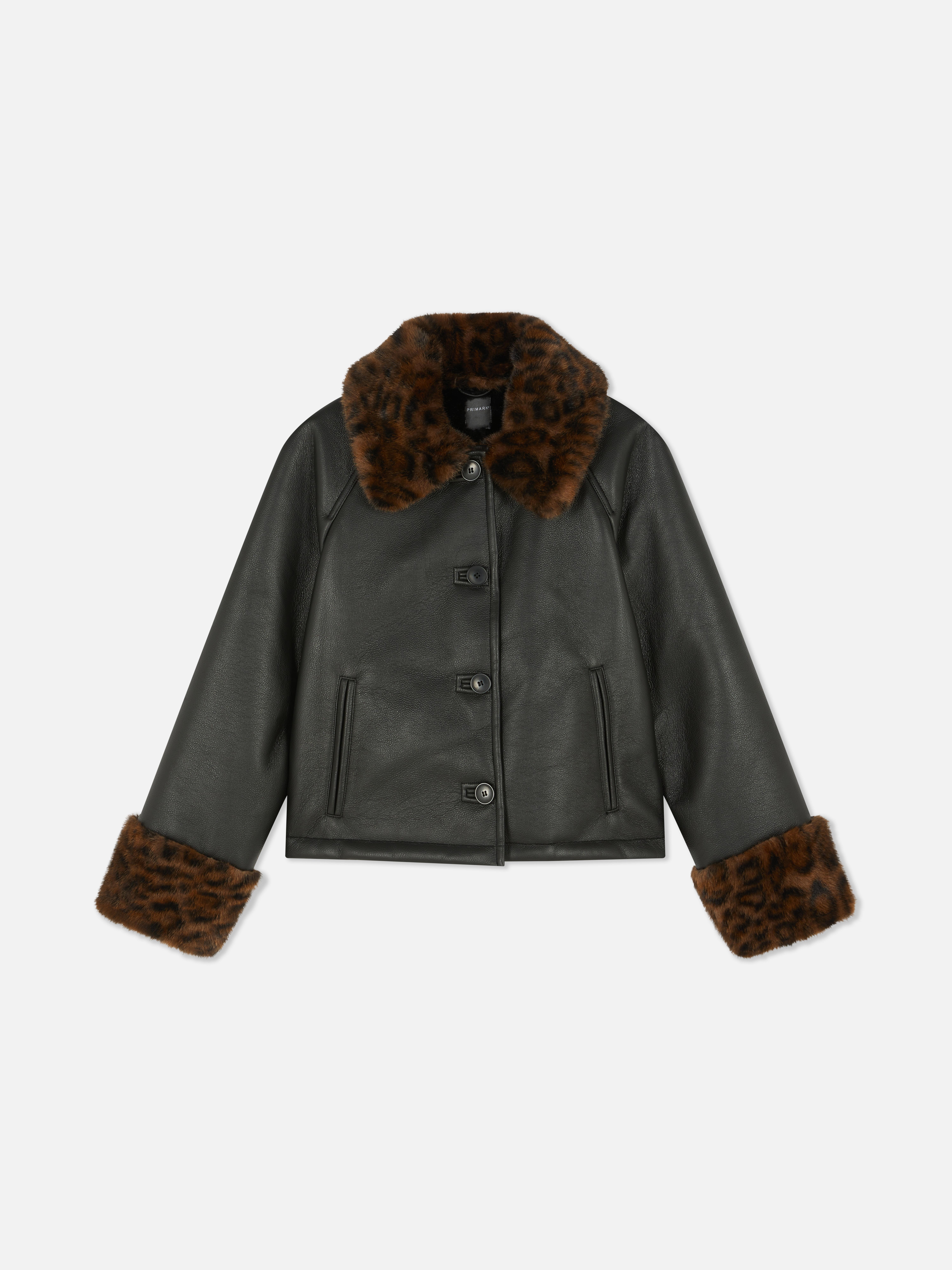 Leopard Trim Faux Leather Jacket