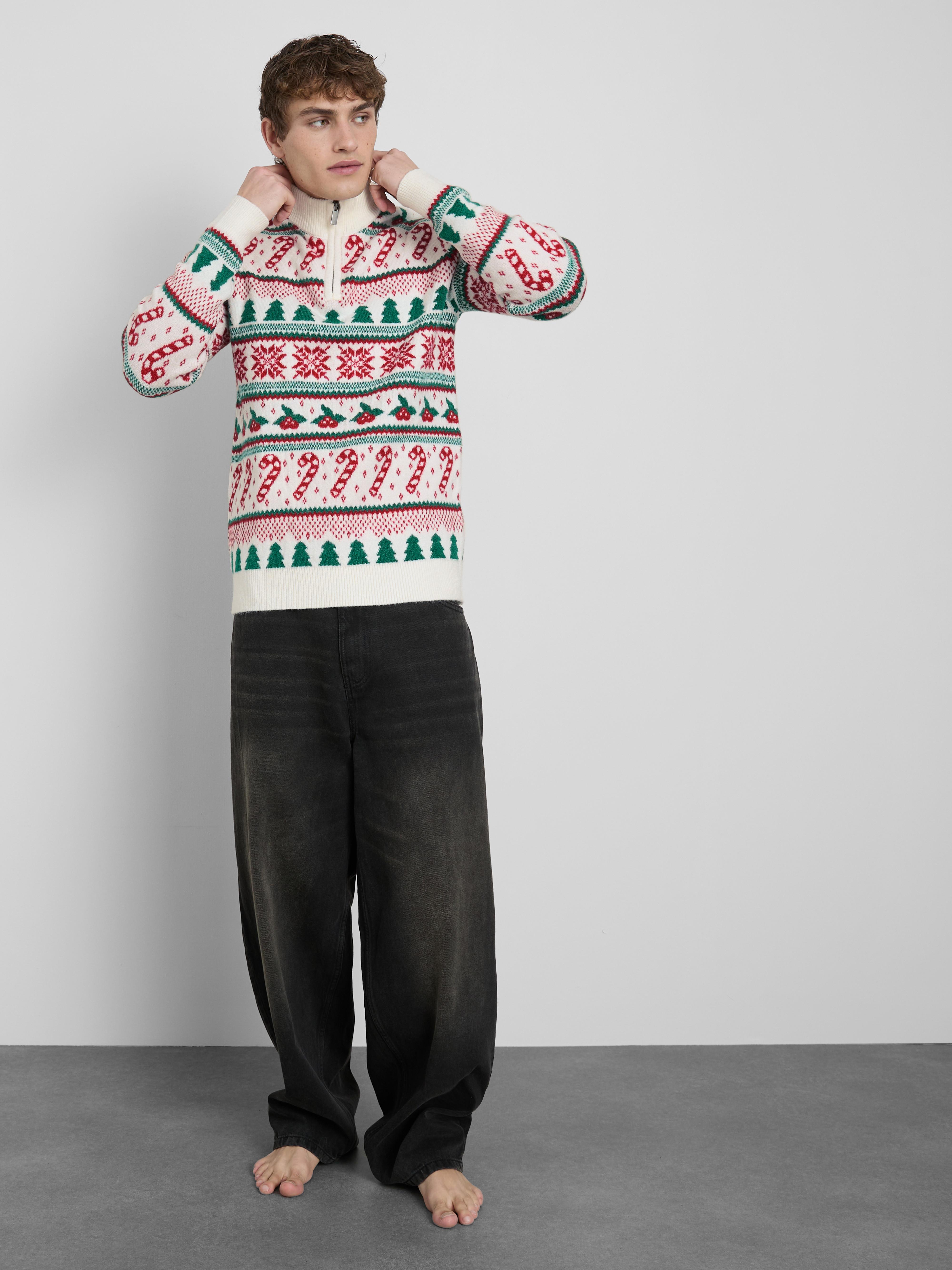 Fairisle-gezinskersttrui met kerstzuurstok voor heren