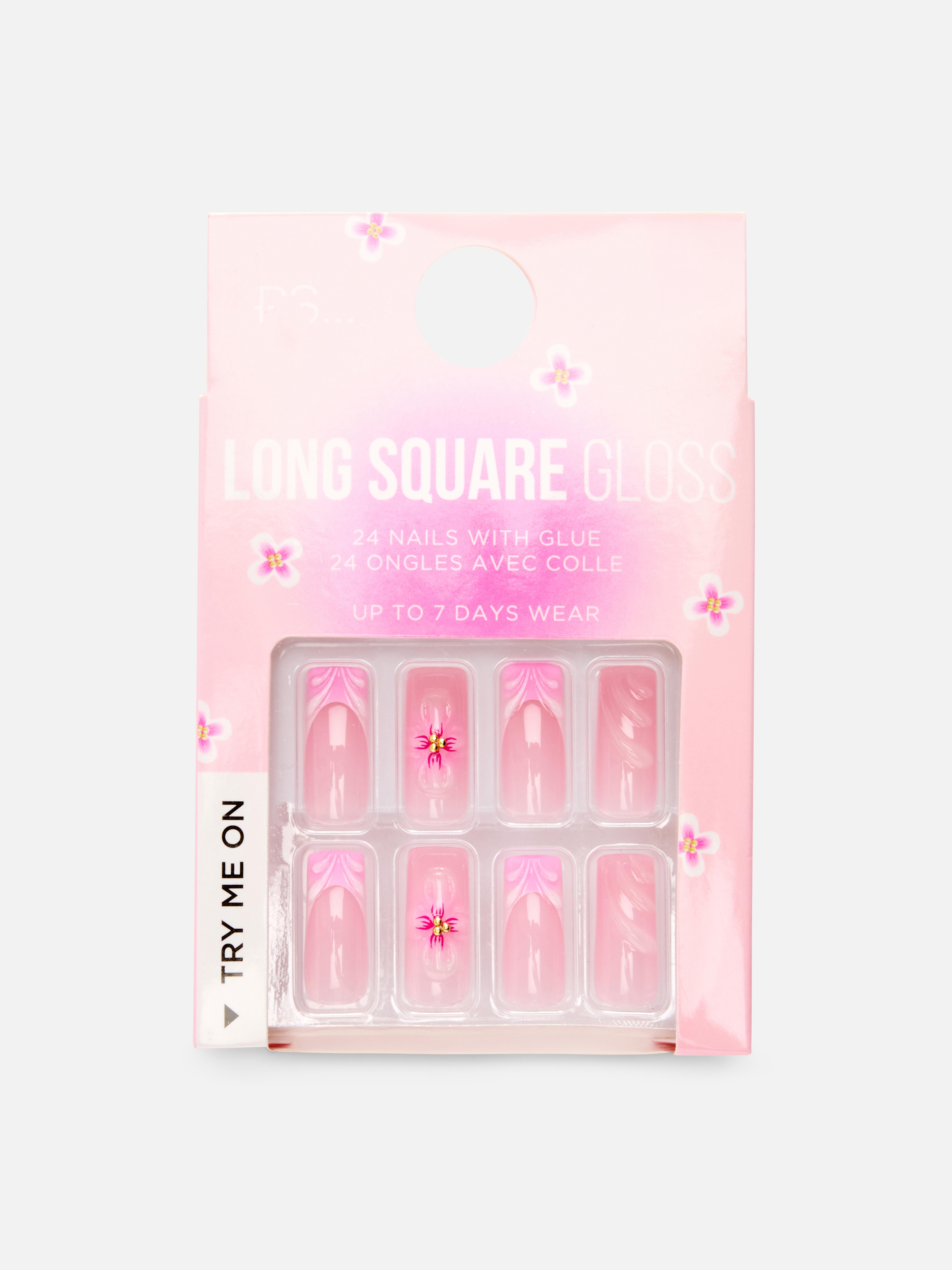 PS... Vierkante glanzende kunstnagels met bloemen