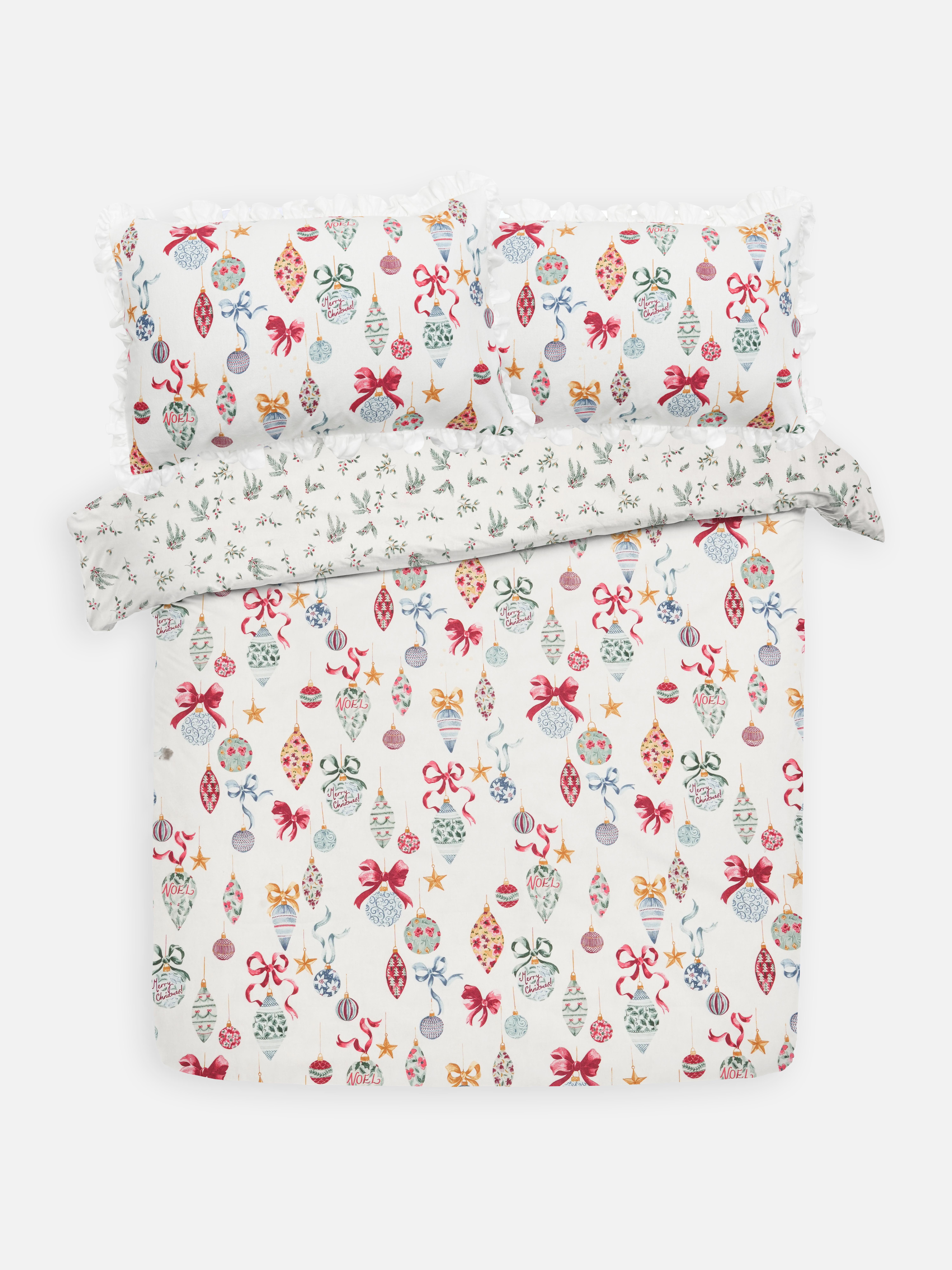 Parure de lit king size réversible en coton brossé à motif boule de Noël et houx