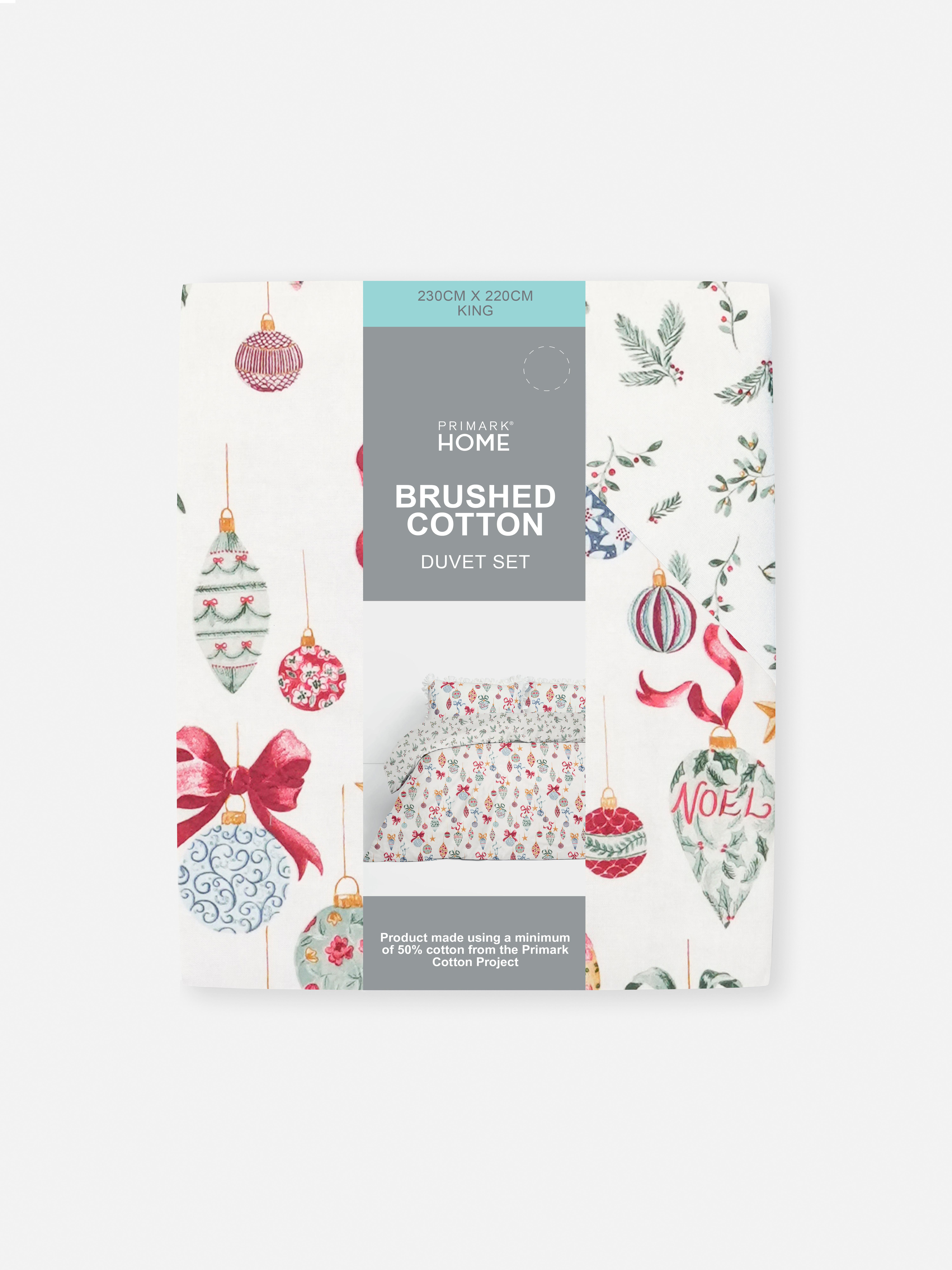 Parure de lit king size réversible en coton brossé à motif boule de Noël et houx