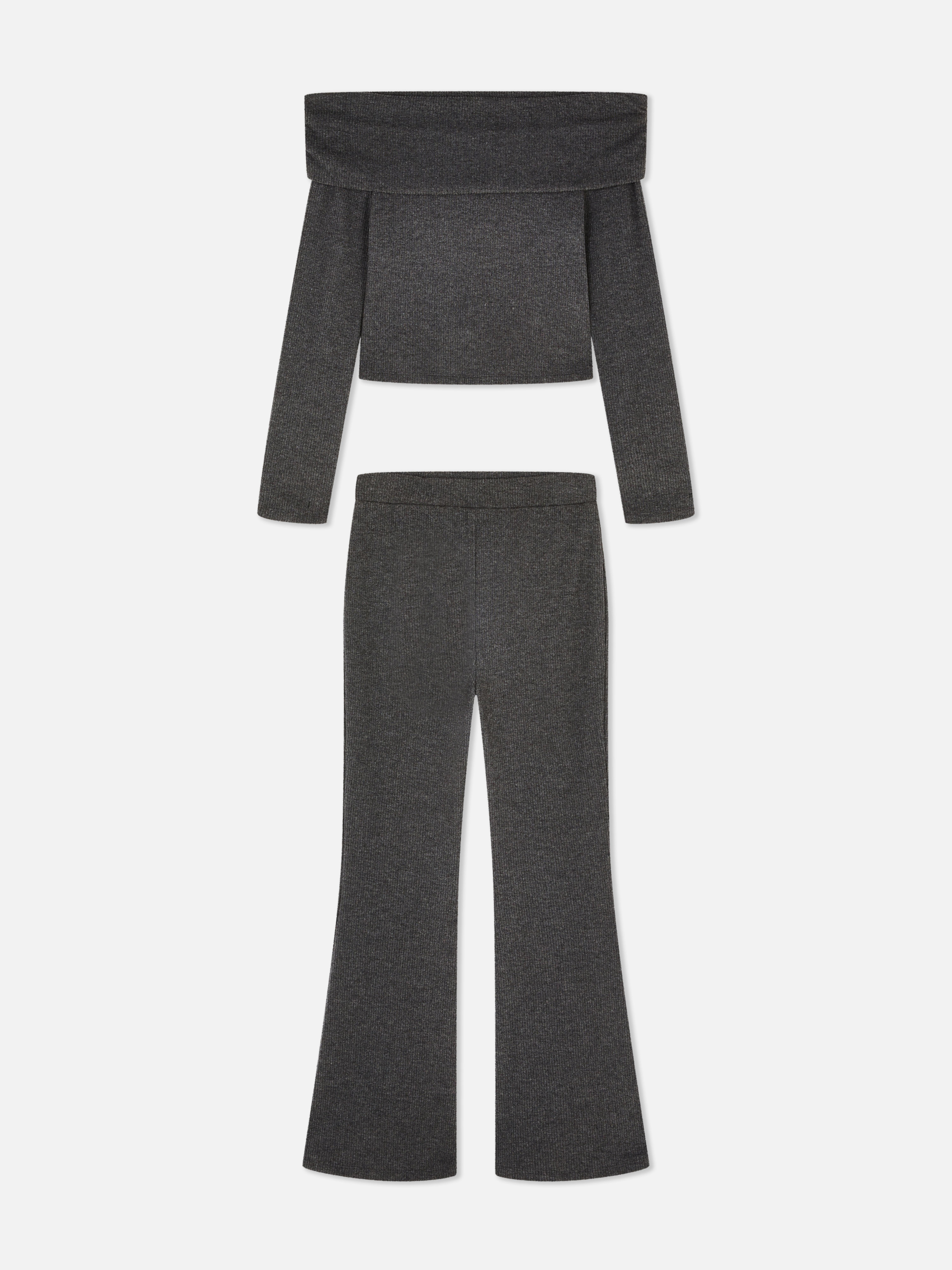 7-15yrs | Ribbed Off-the-Shoulder Jumper and Flare Leggings Set