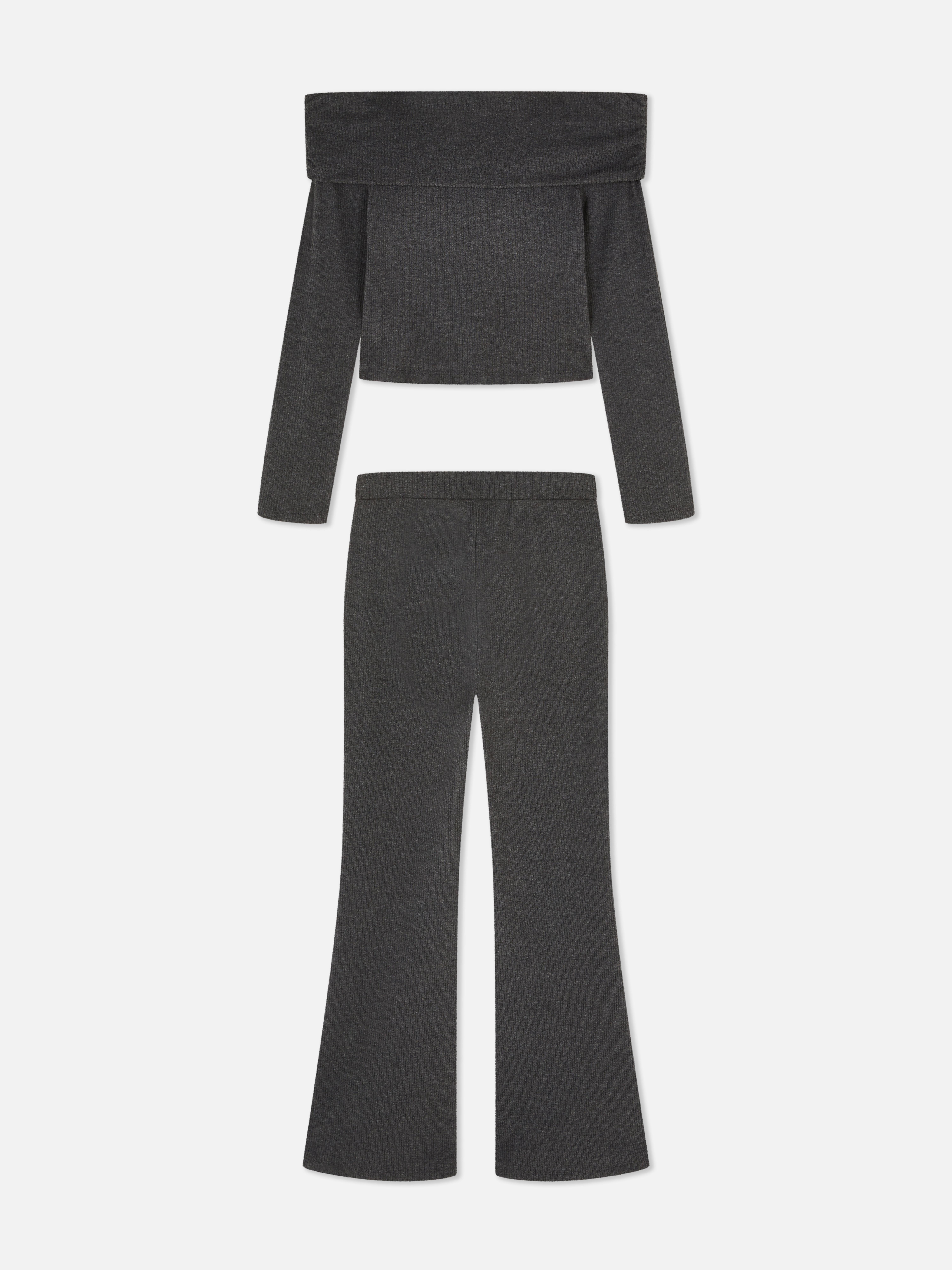 7-15yrs | Ribbed Off-the-Shoulder Jumper and Flare Leggings Set