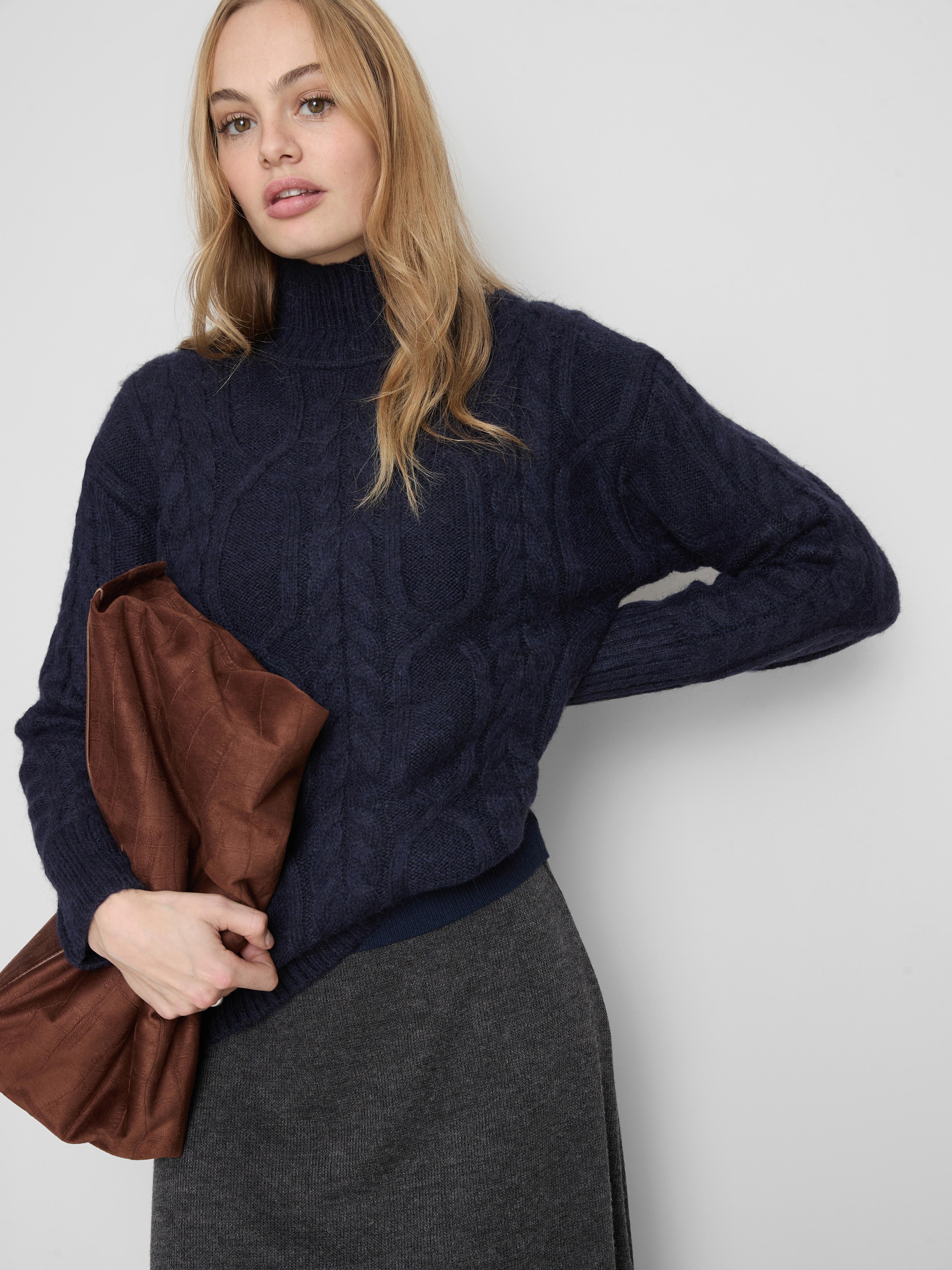 High Neck Cable Knit Jumper Navy