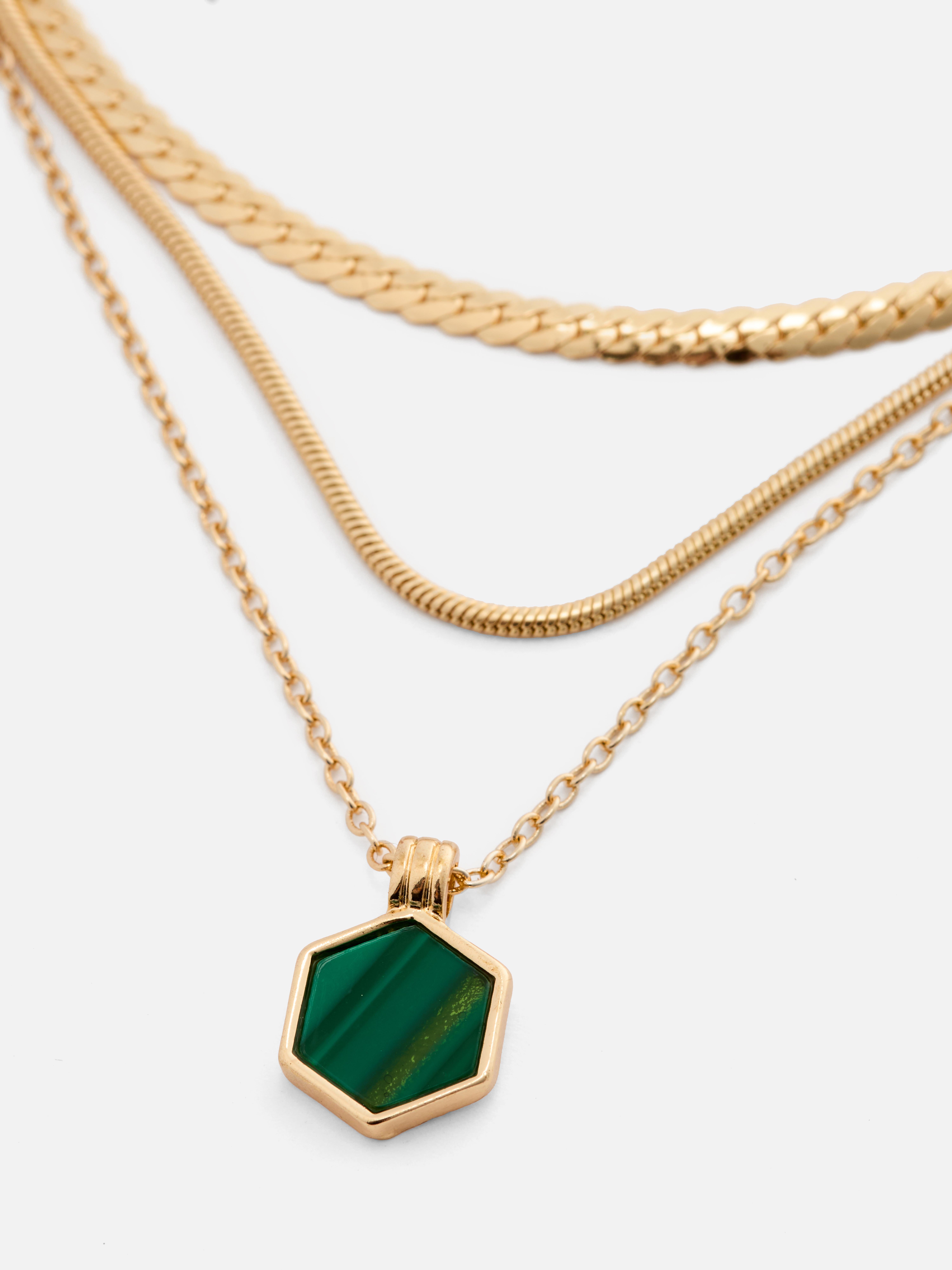 Hexagon Charm Three Strand Necklace