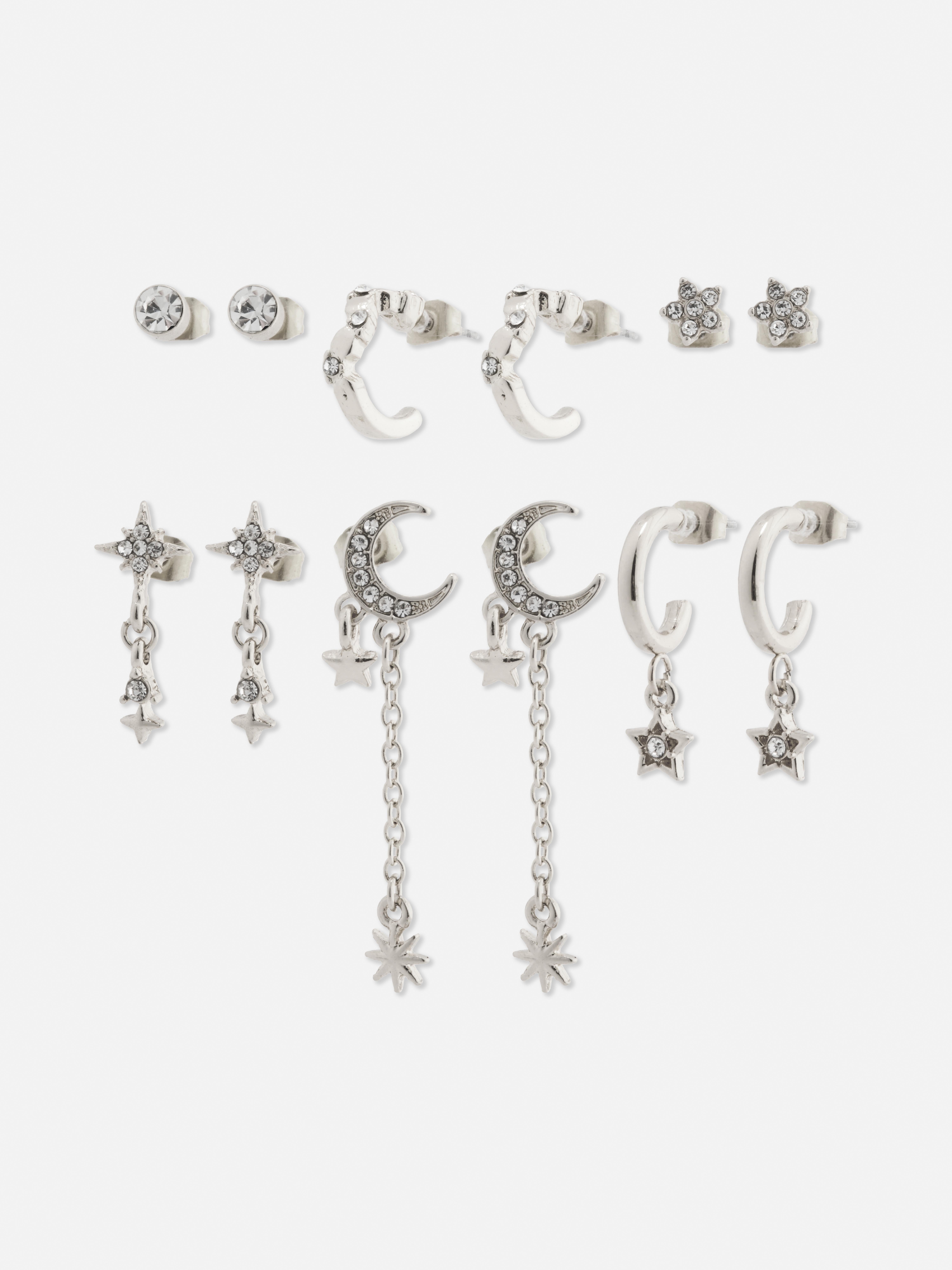 Lot de 6 paires de créoles et clous d'oreilles à breloques célestes