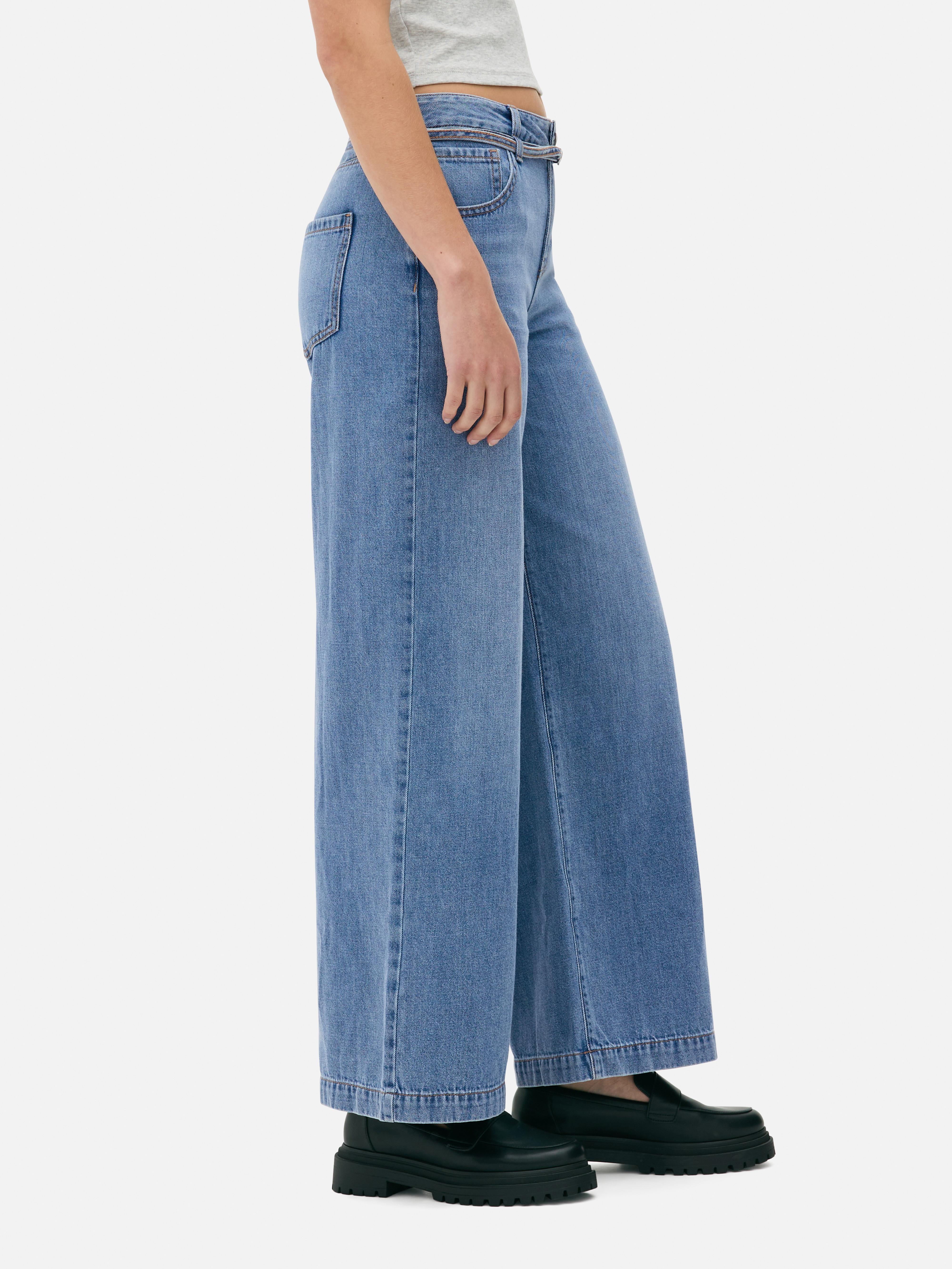 Mid-Rise Belted Wide Leg Jeans