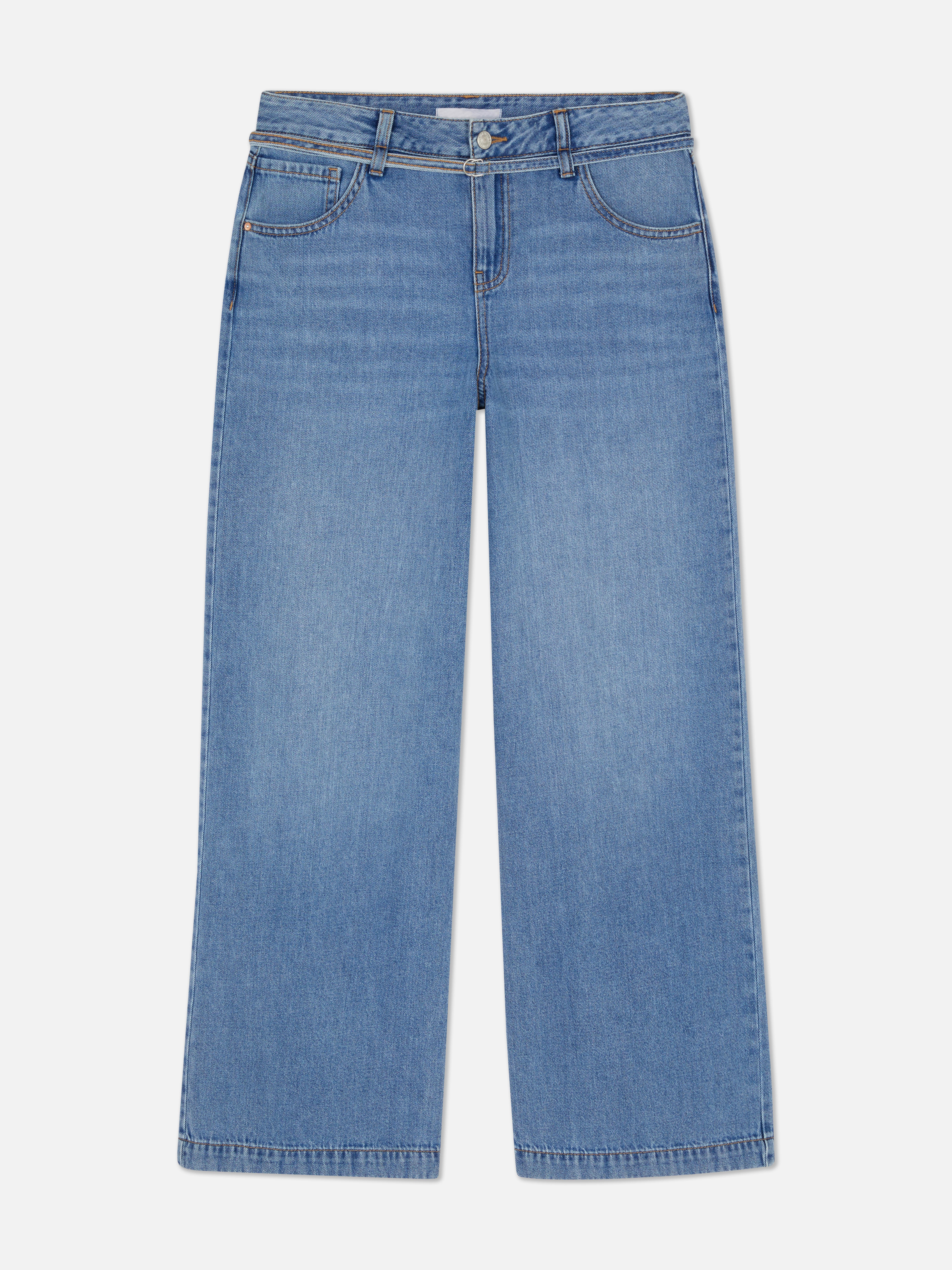 Mid-Rise Belted Wide Leg Jeans