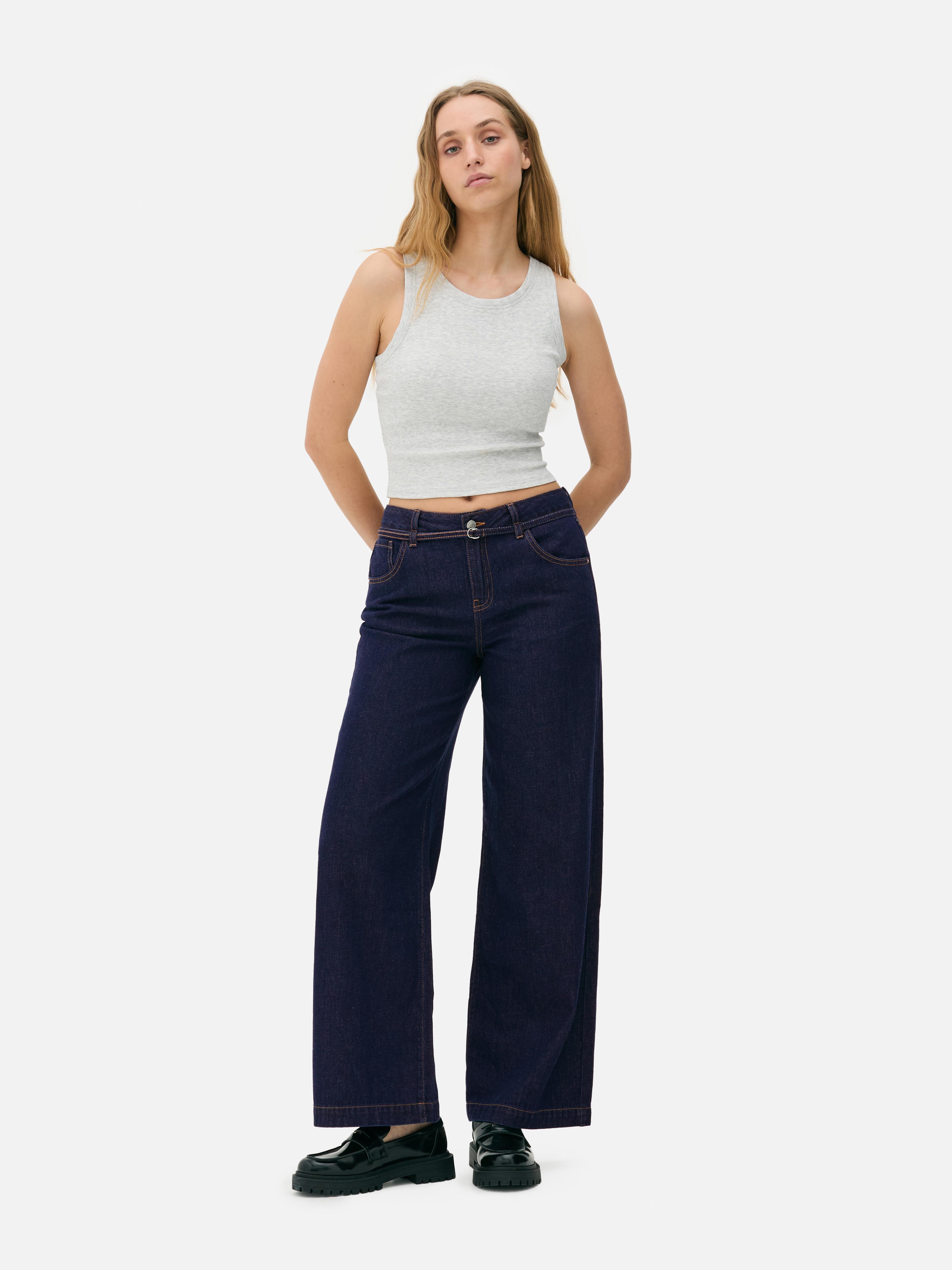 Mid-Rise Belted Wide Leg Jeans