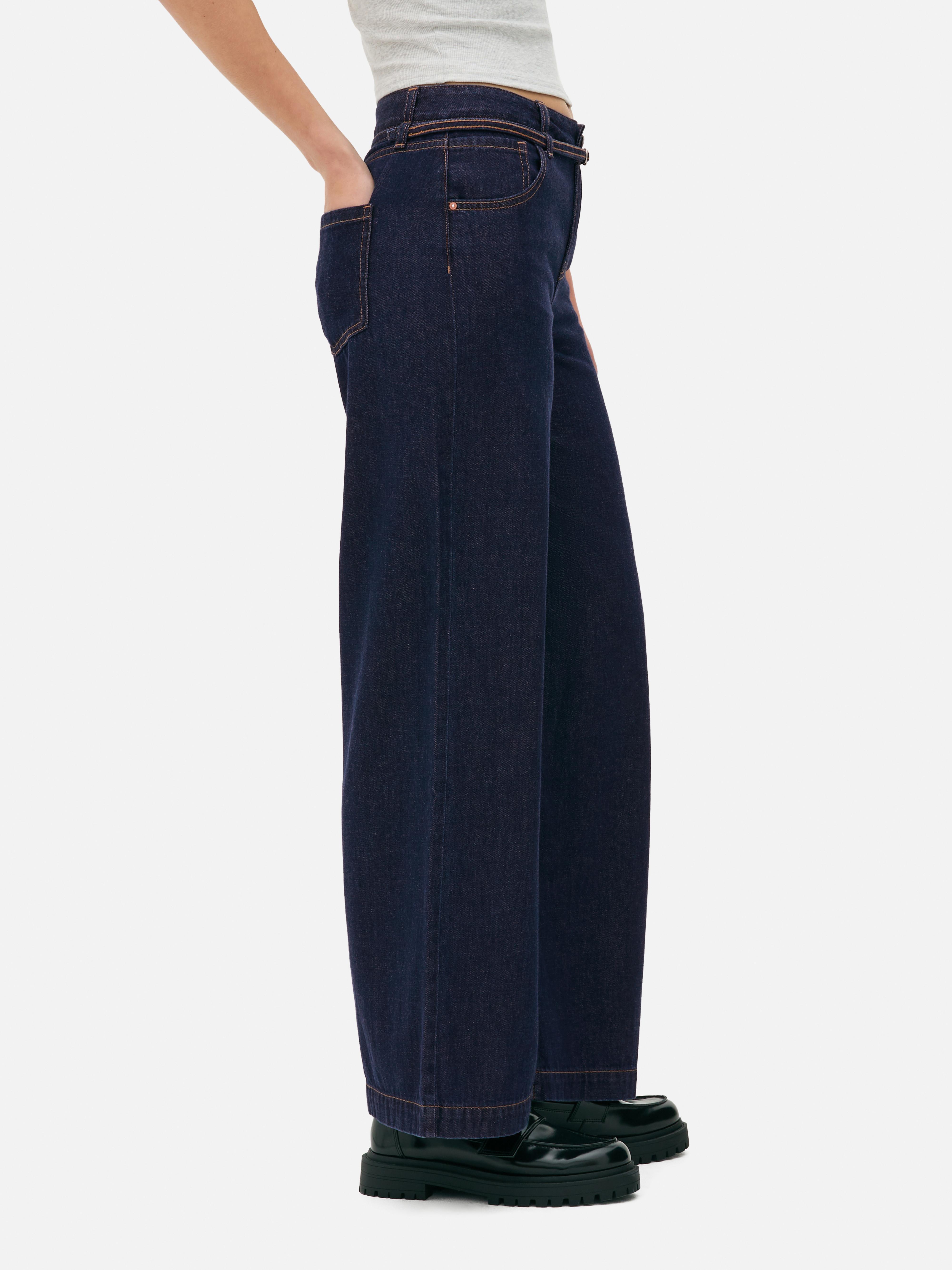Mid-Rise Belted Wide Leg Jeans