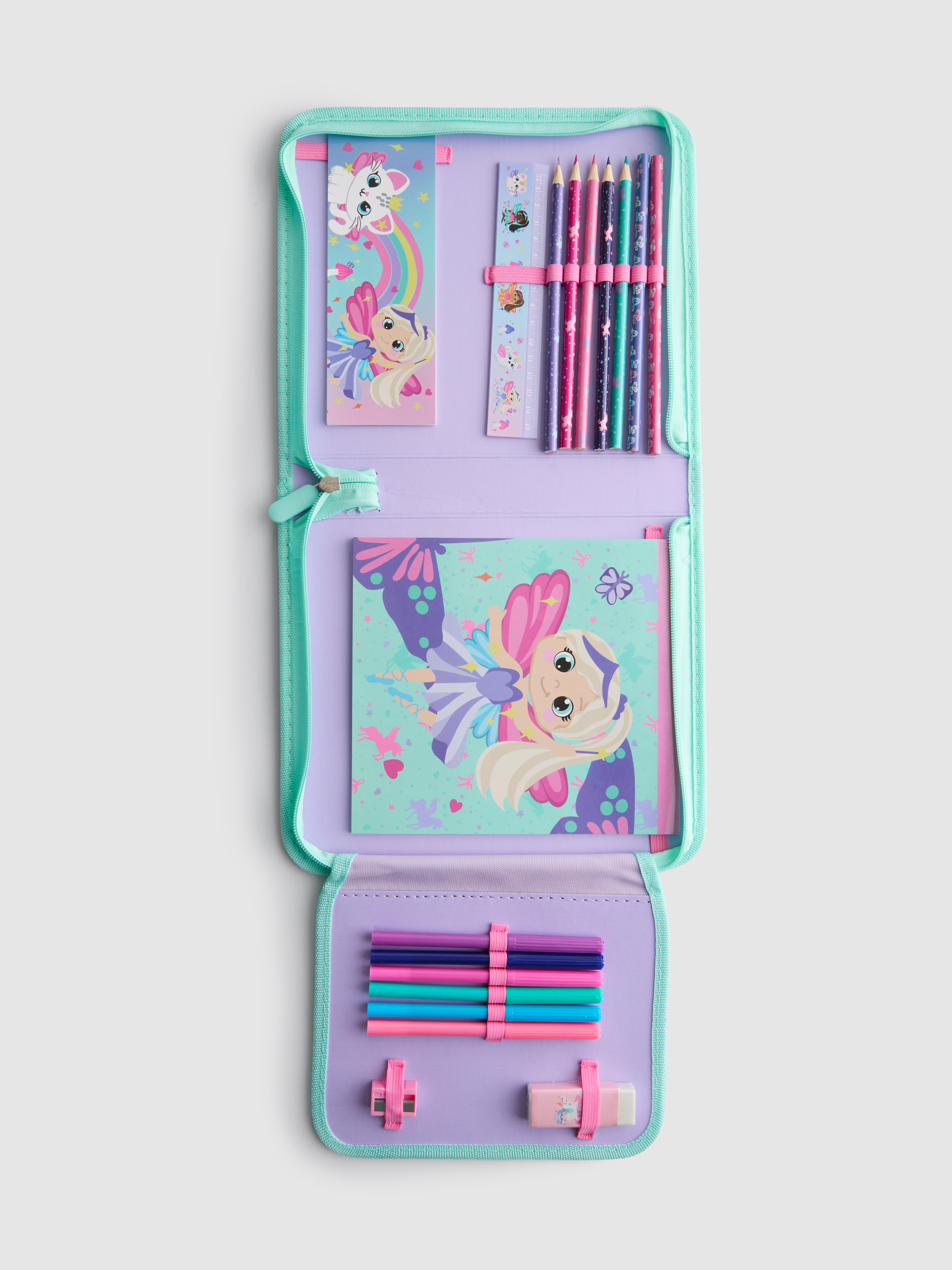 Set de accesorii pentru birou în penar pufos cu zâne și fermoar