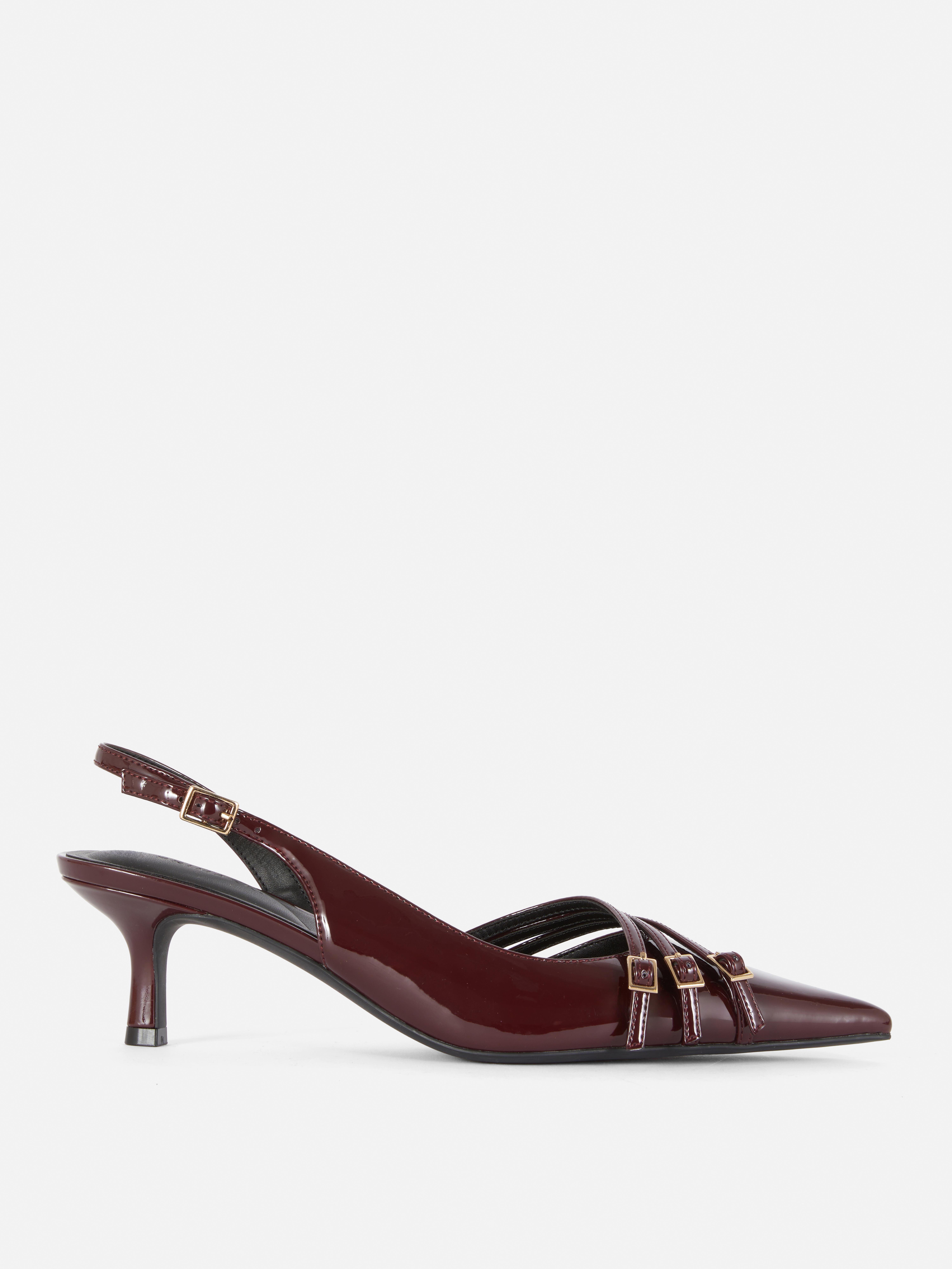 3 Buckle Patent Slingback Kitten Heels