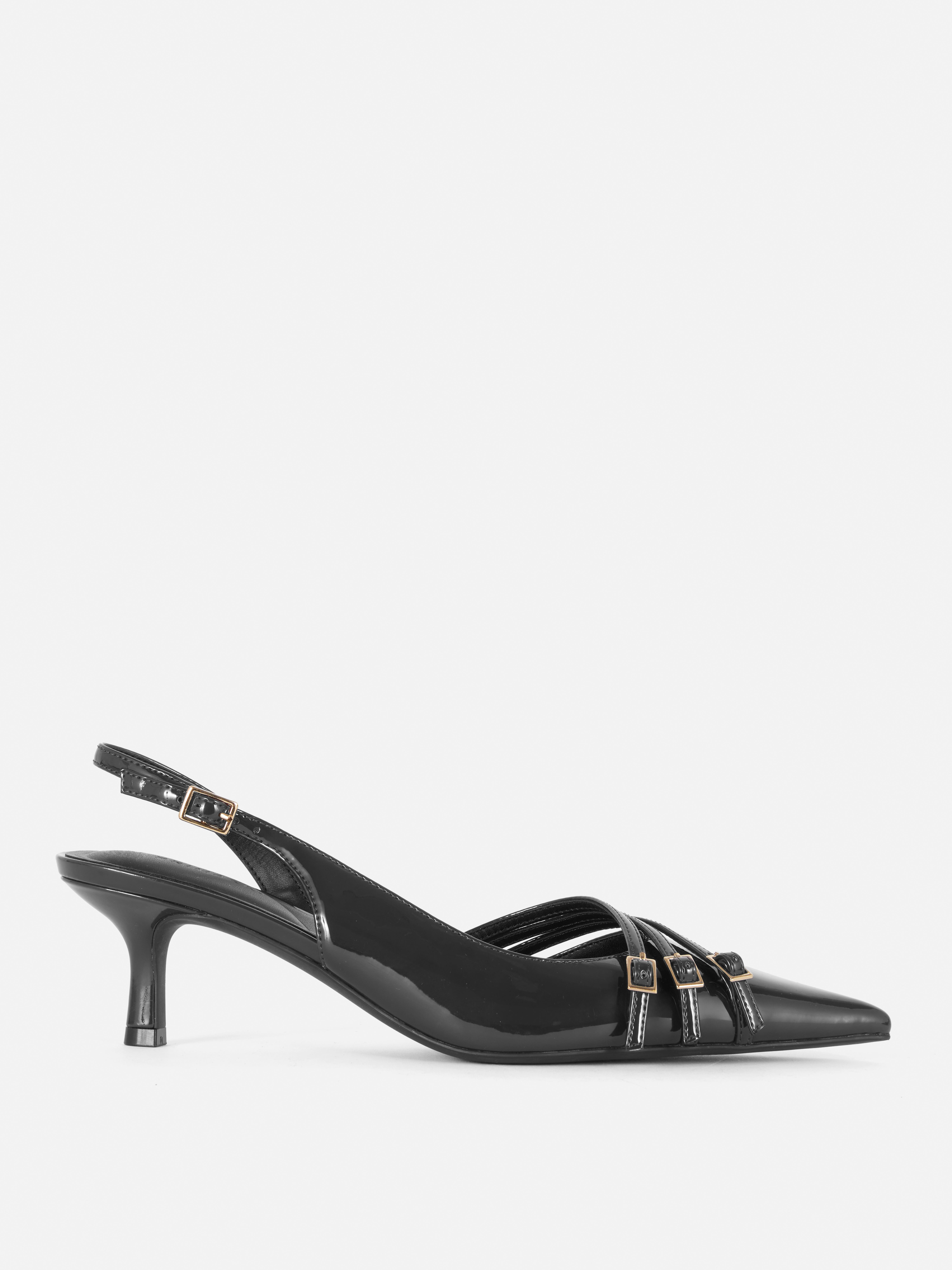 3 Buckle Patent Slingback Kitten Heels