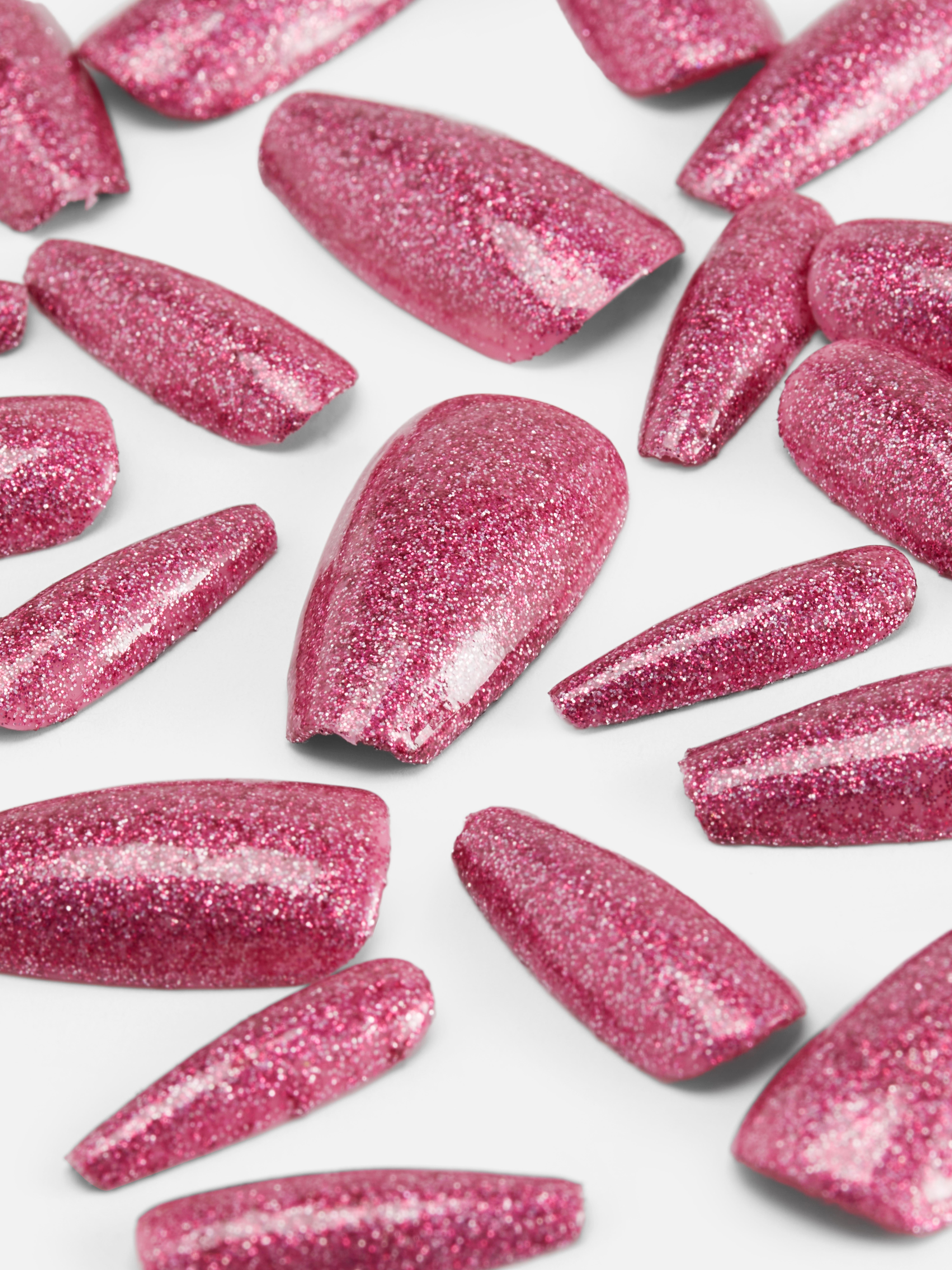 Faux ongles stiletto à paillettes rose vif PS...