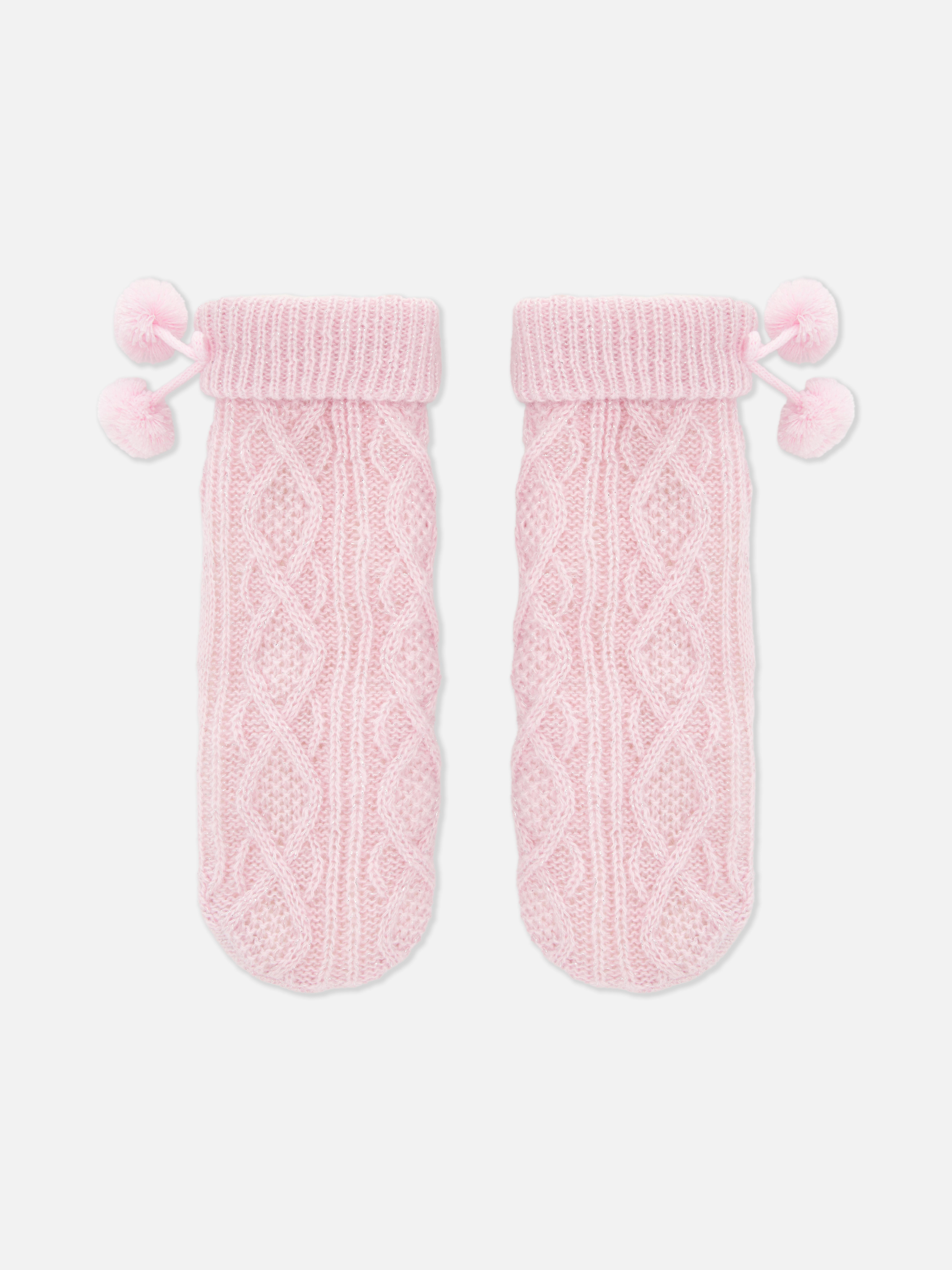 Cable Knit Slipper Boots With Pom Poms
