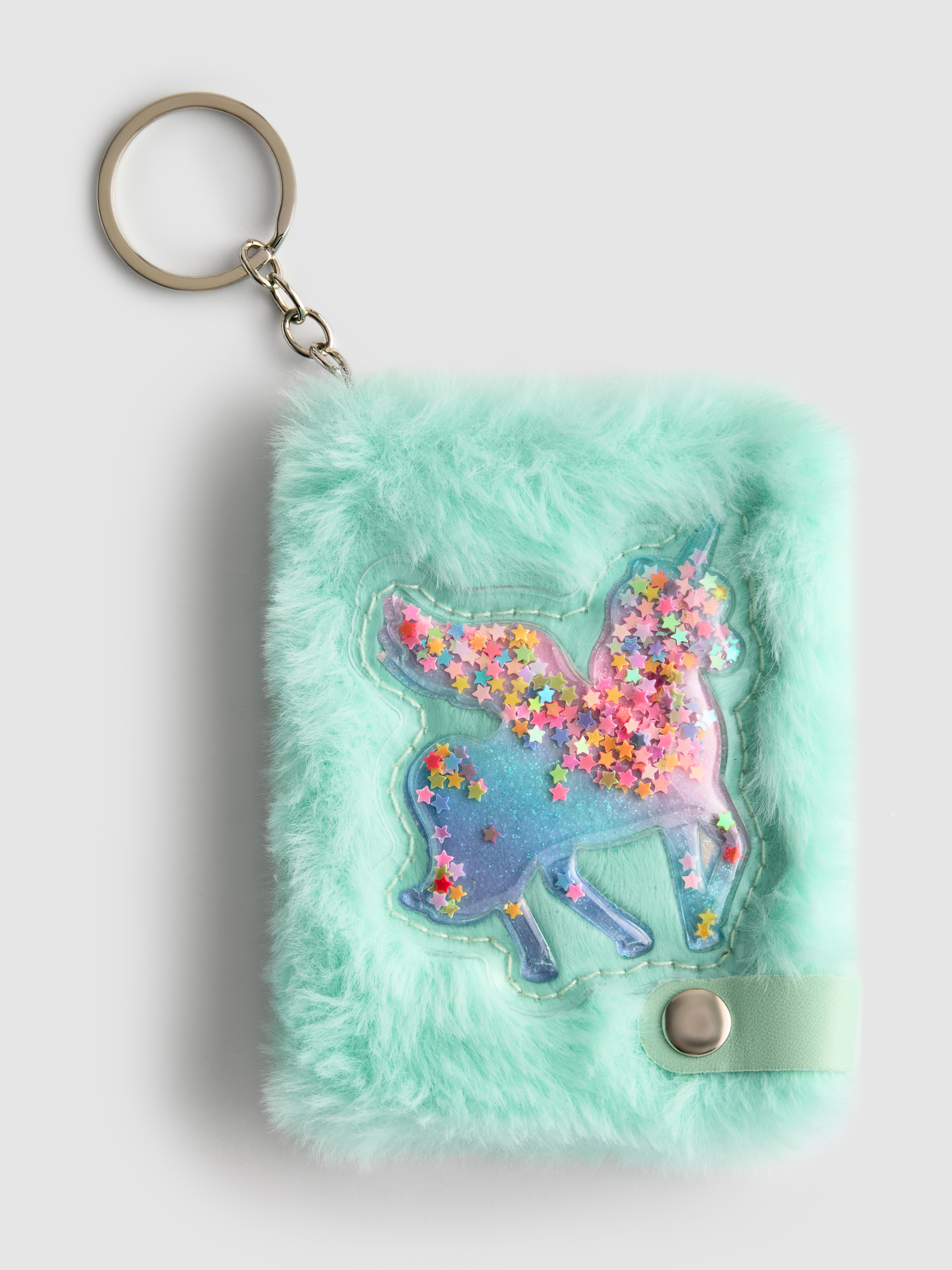 Libreta de pelo sintético con unicornio y llavero