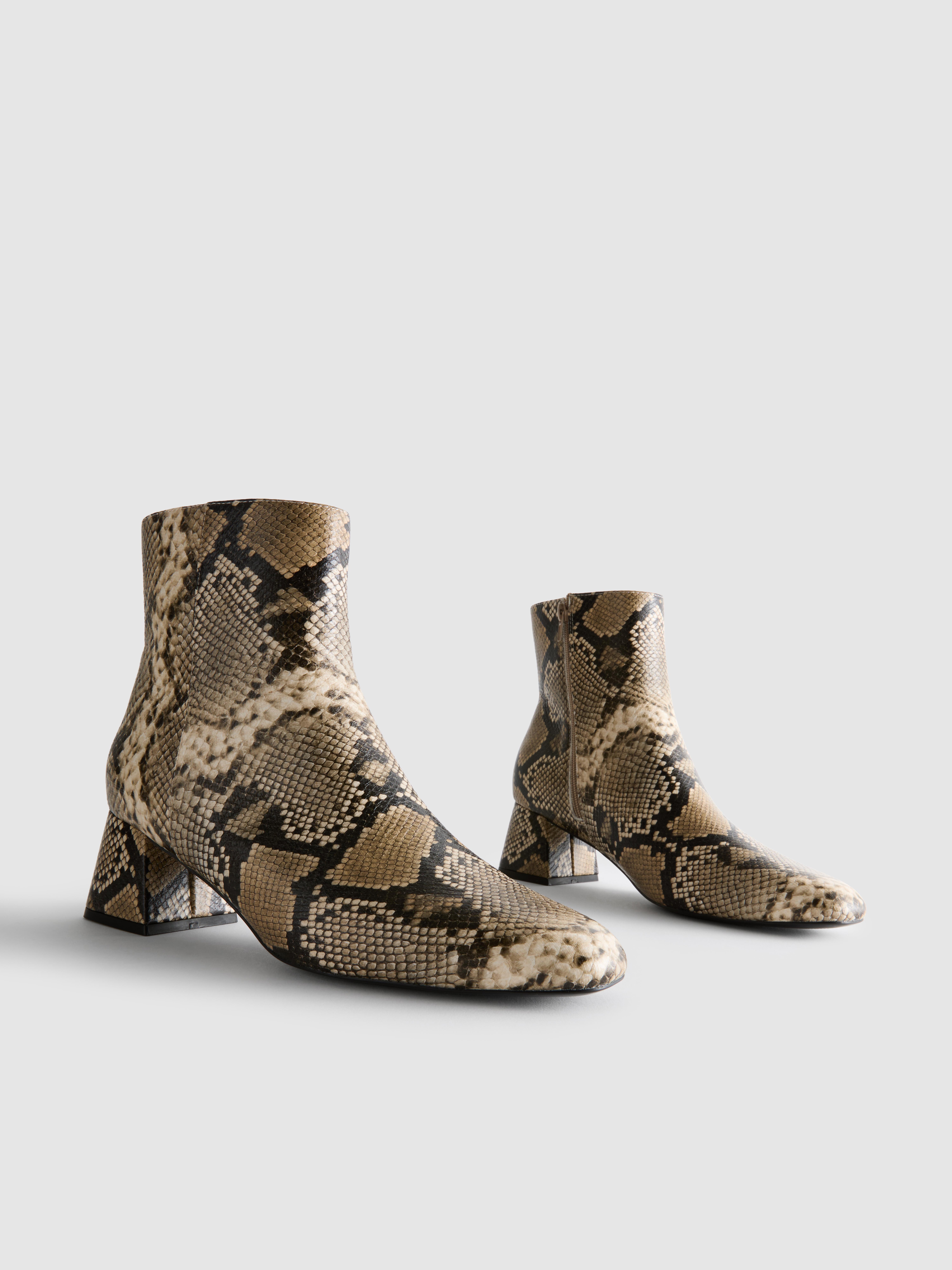 Faux Leather Snake Block Heel Ankle Boots