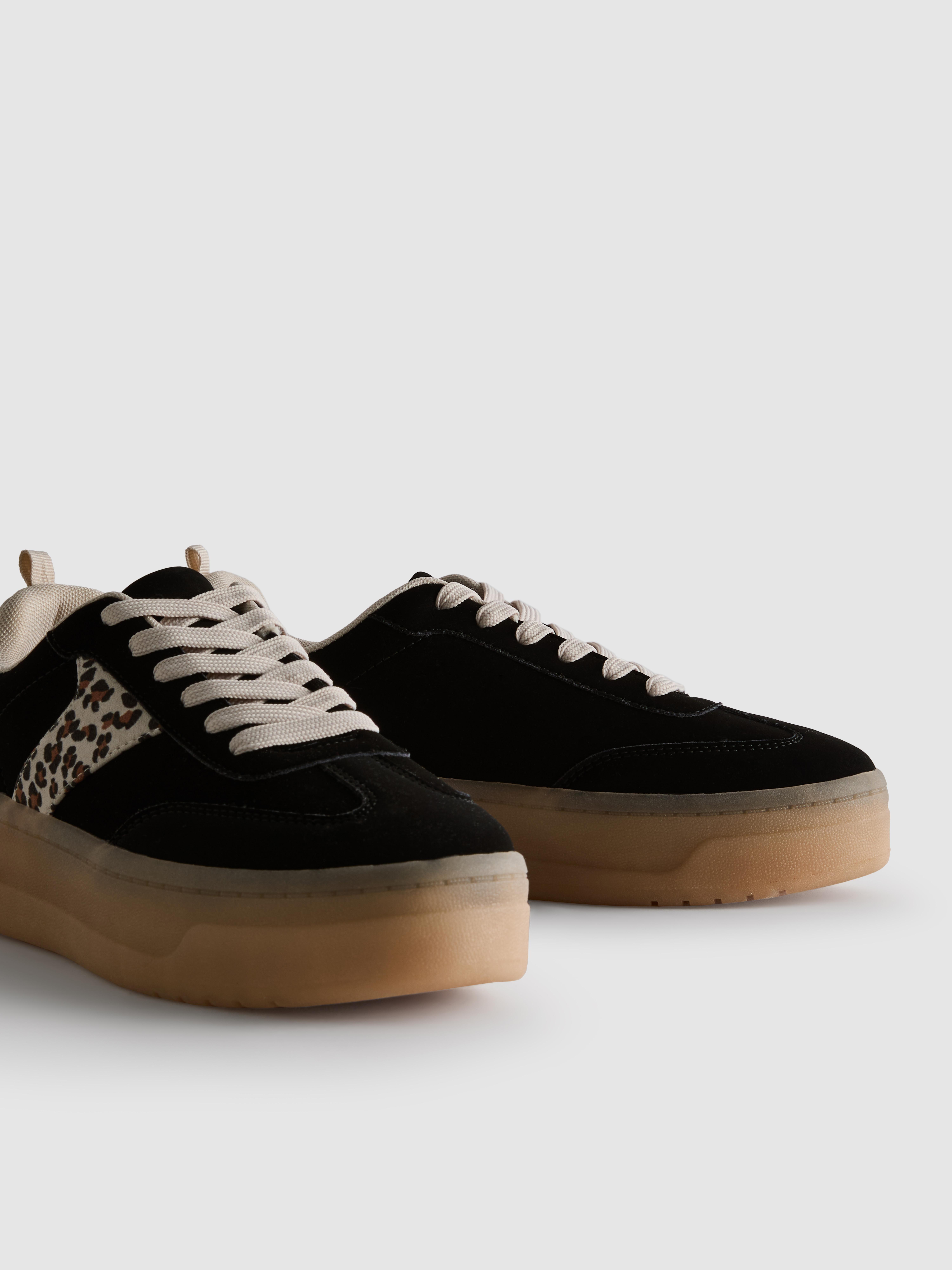 Girls Black Leopard Print Chunky Gum Sole Sneakers