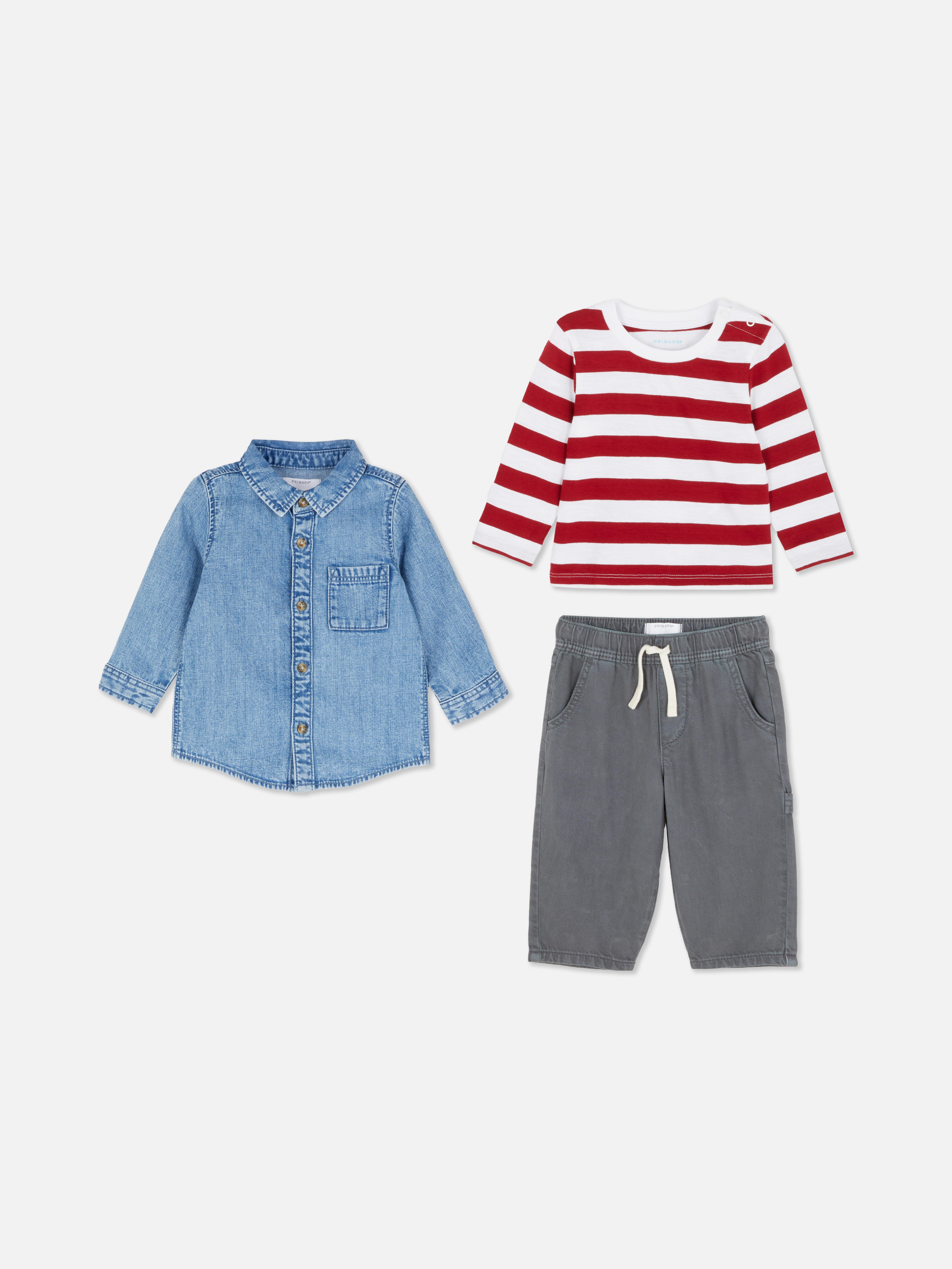 0-36 mois | T-shirt à manches longues, pantalon et chemise en jean