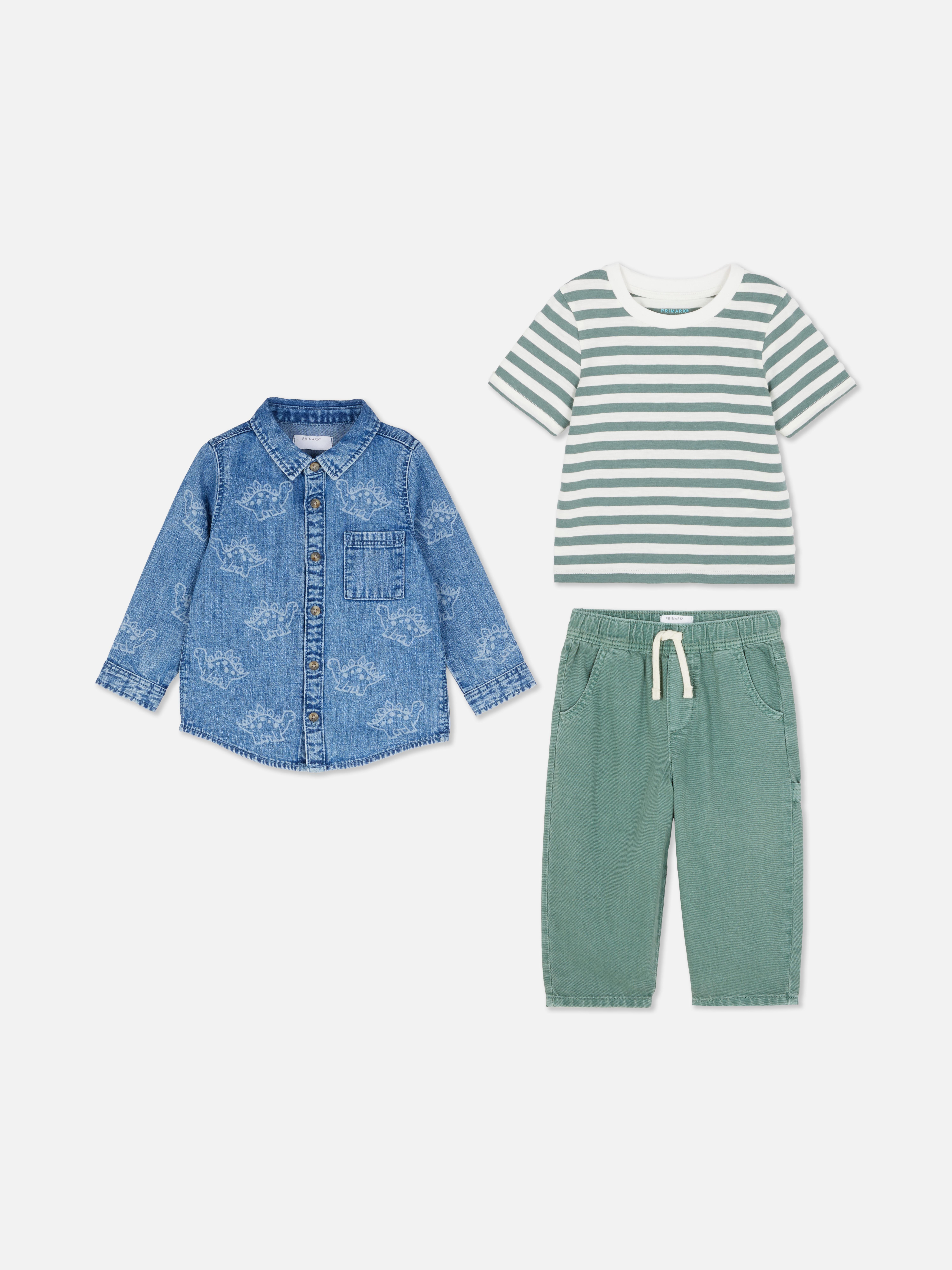 0–36 Monate | T-Shirt, Jogginghose und Jeanshemd mit Dinomotiv