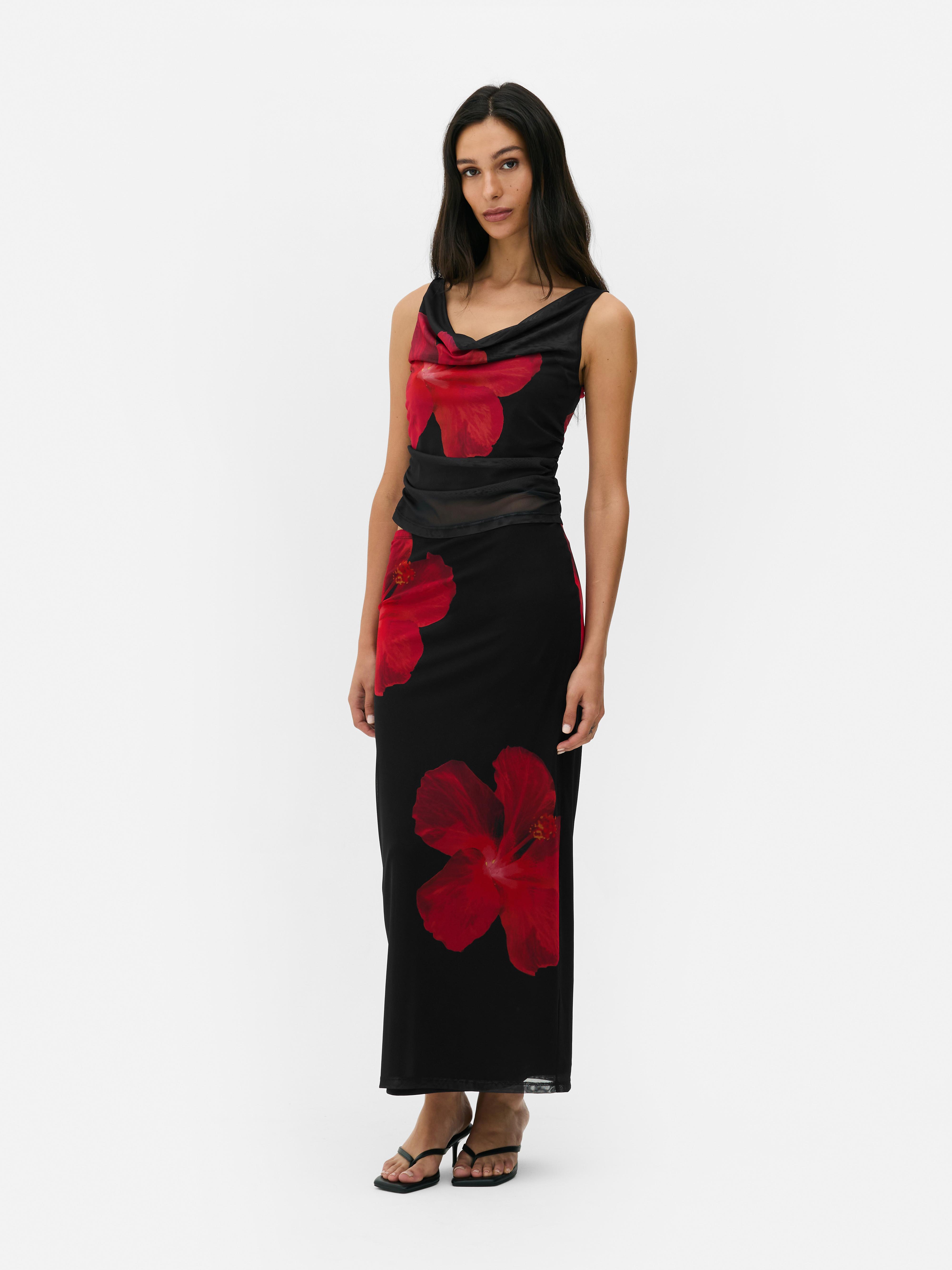 Kurztop aus Netzstoff mit Hibiskus-Print