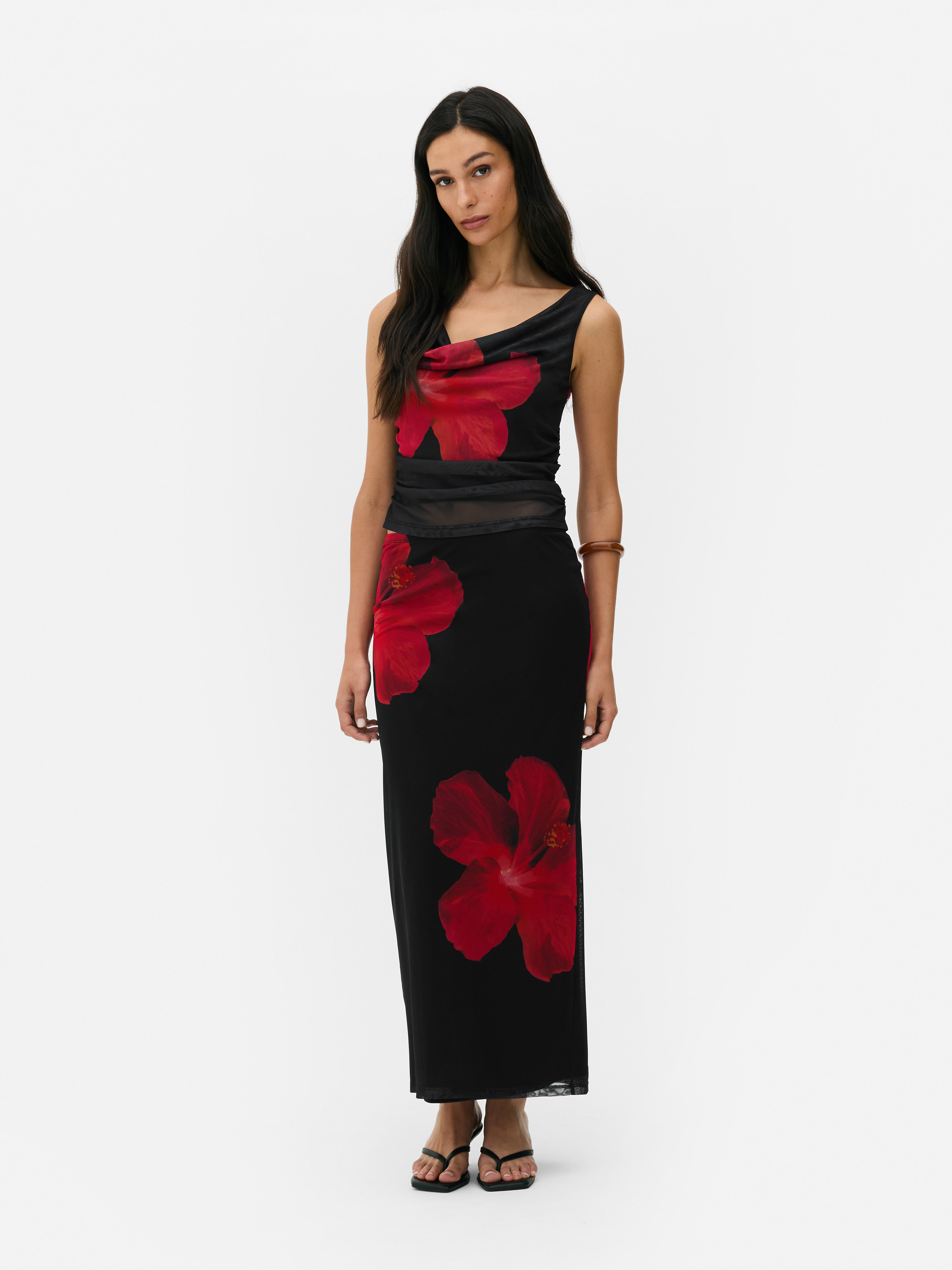 Maxirock aus Netzstoff mit Hibiskus-Print
