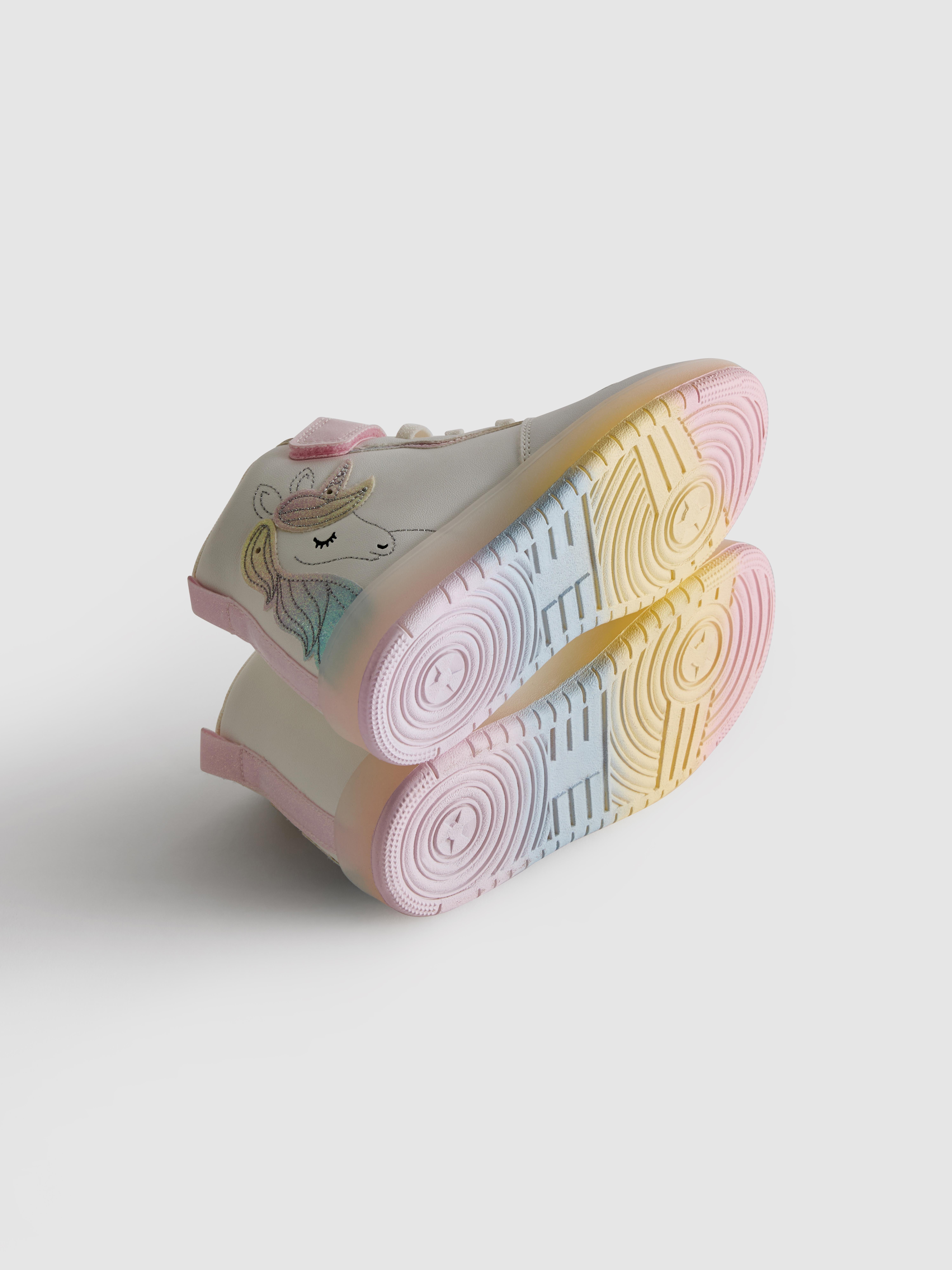 Girls White Unicorn Light Up High-Top Sneakers