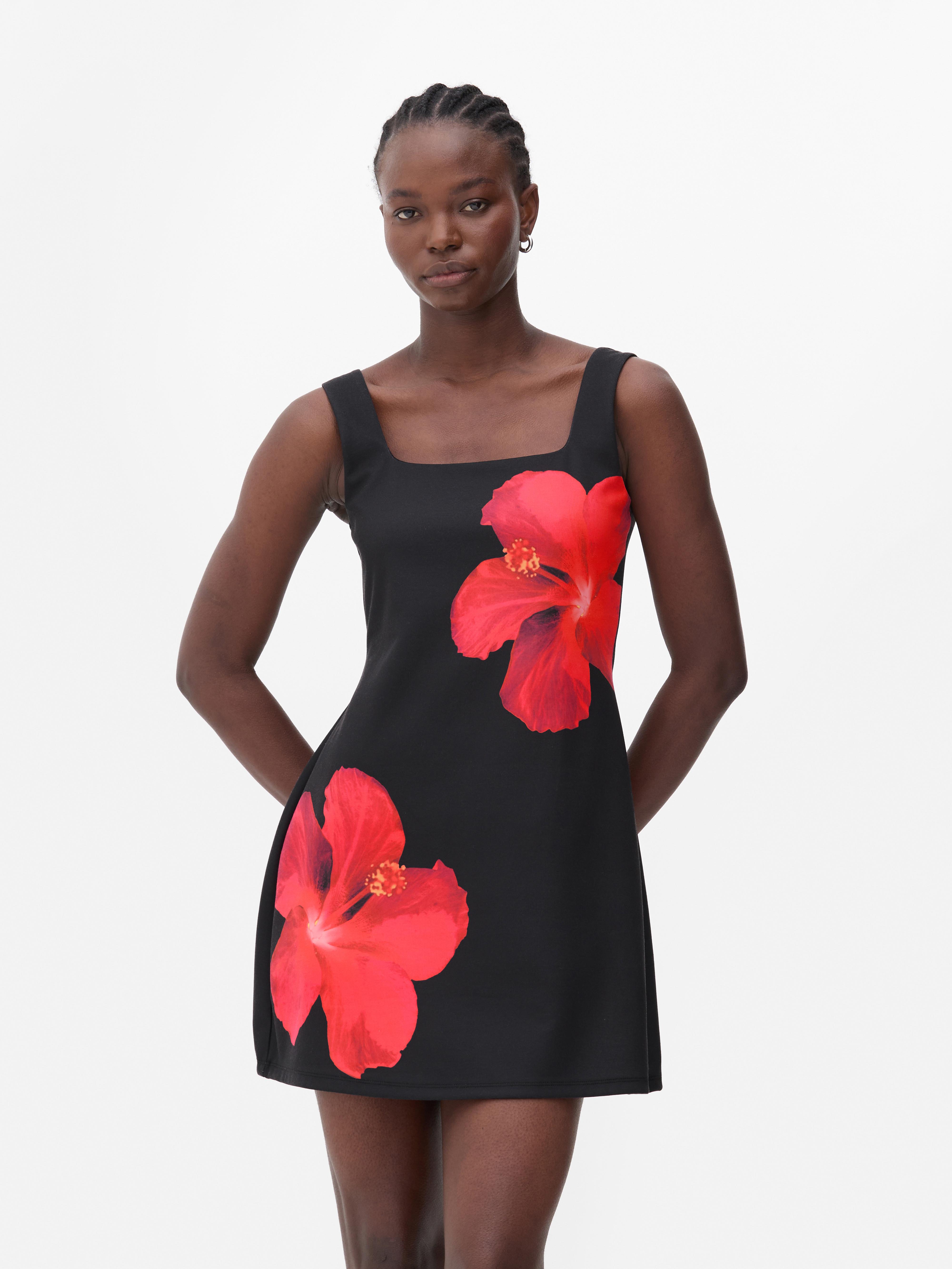 Mini robe à bretelles et motif hibiscus