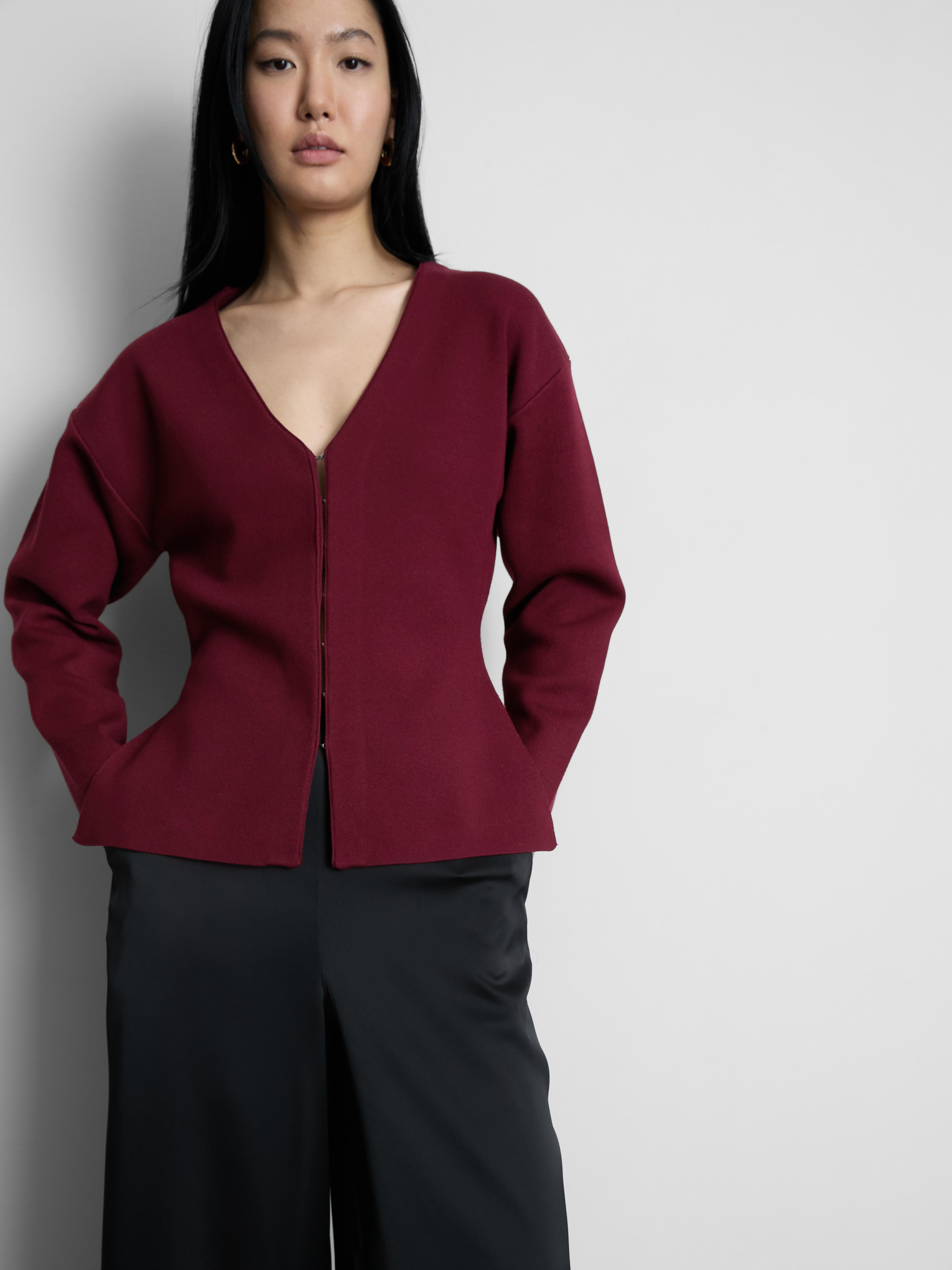 Women's Burgundy Sculpted V-Neck Cardigan
