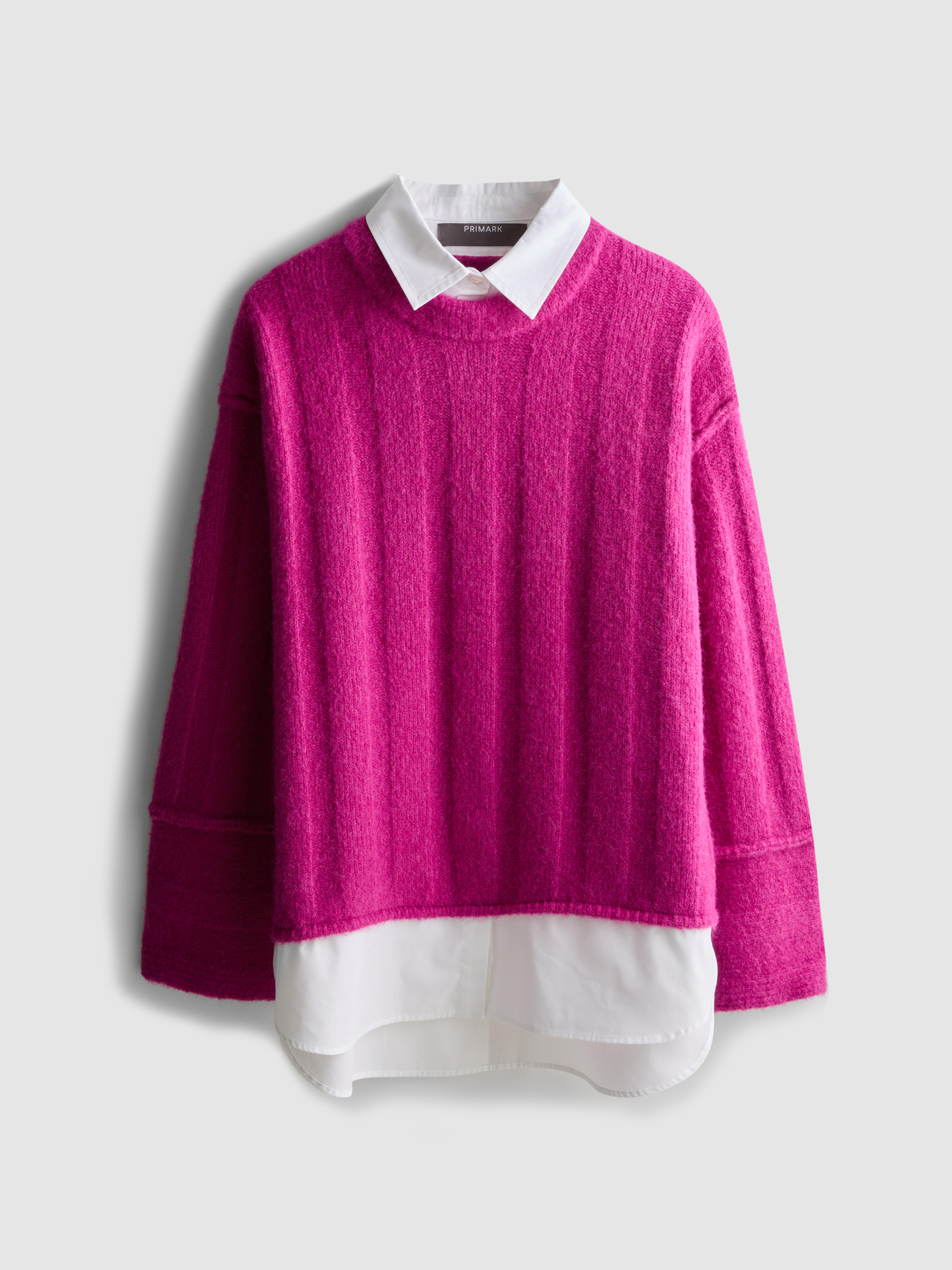 Women's Fuchsia 2 1 Layered Ribbed Sweate