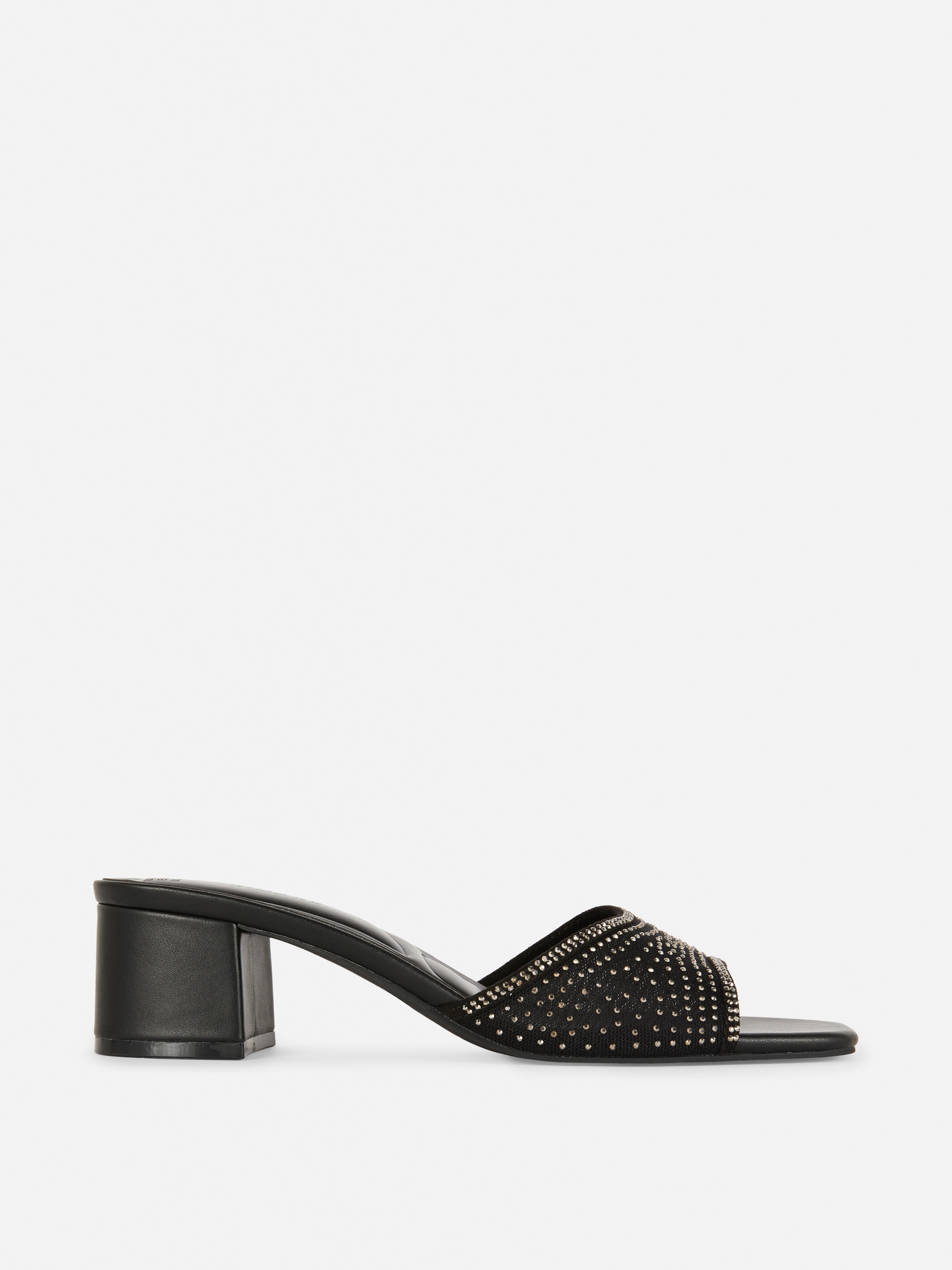 Diamanté Block Heel Mules Black