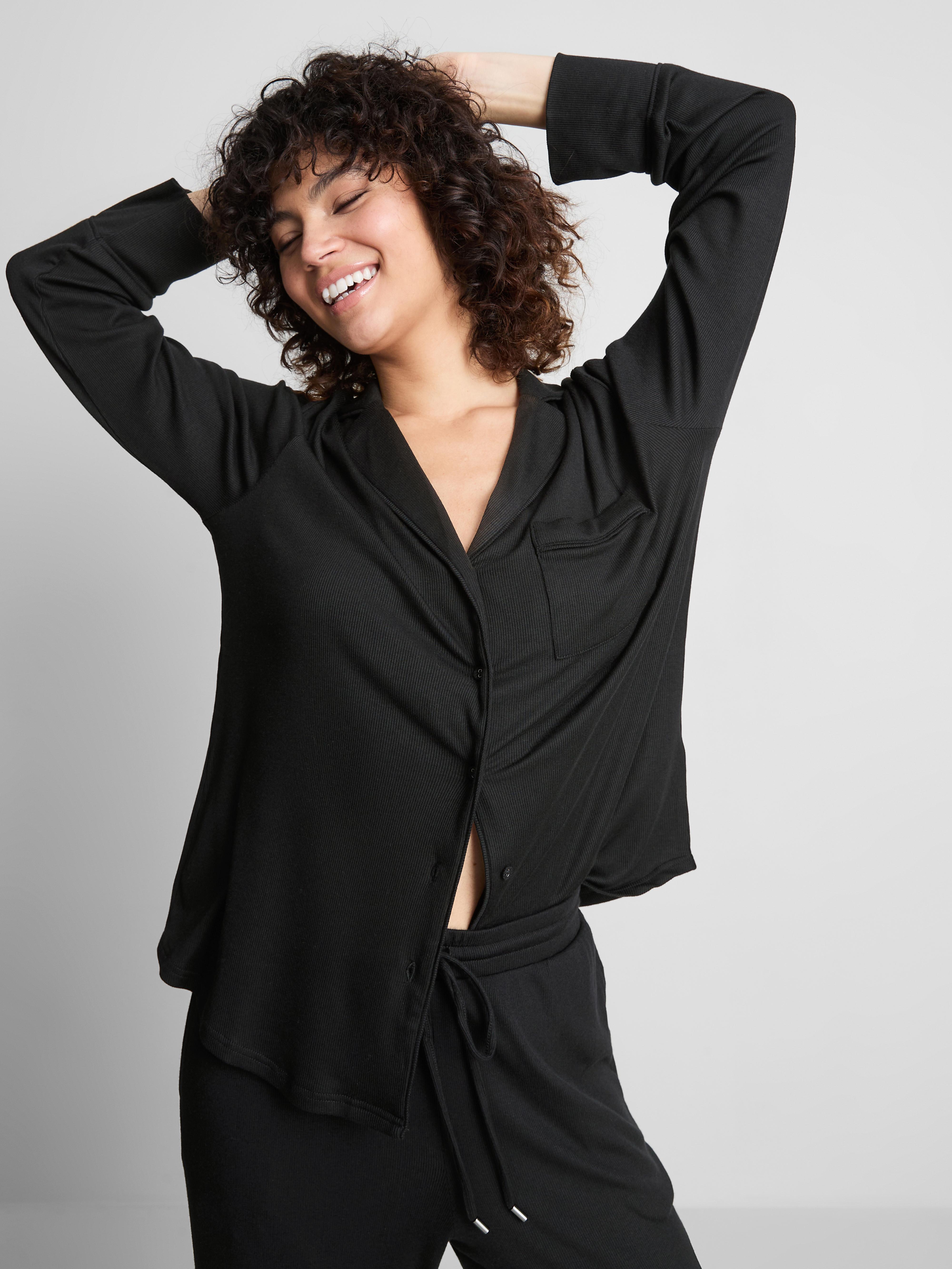 Women's Black Ribbed Pajama Top