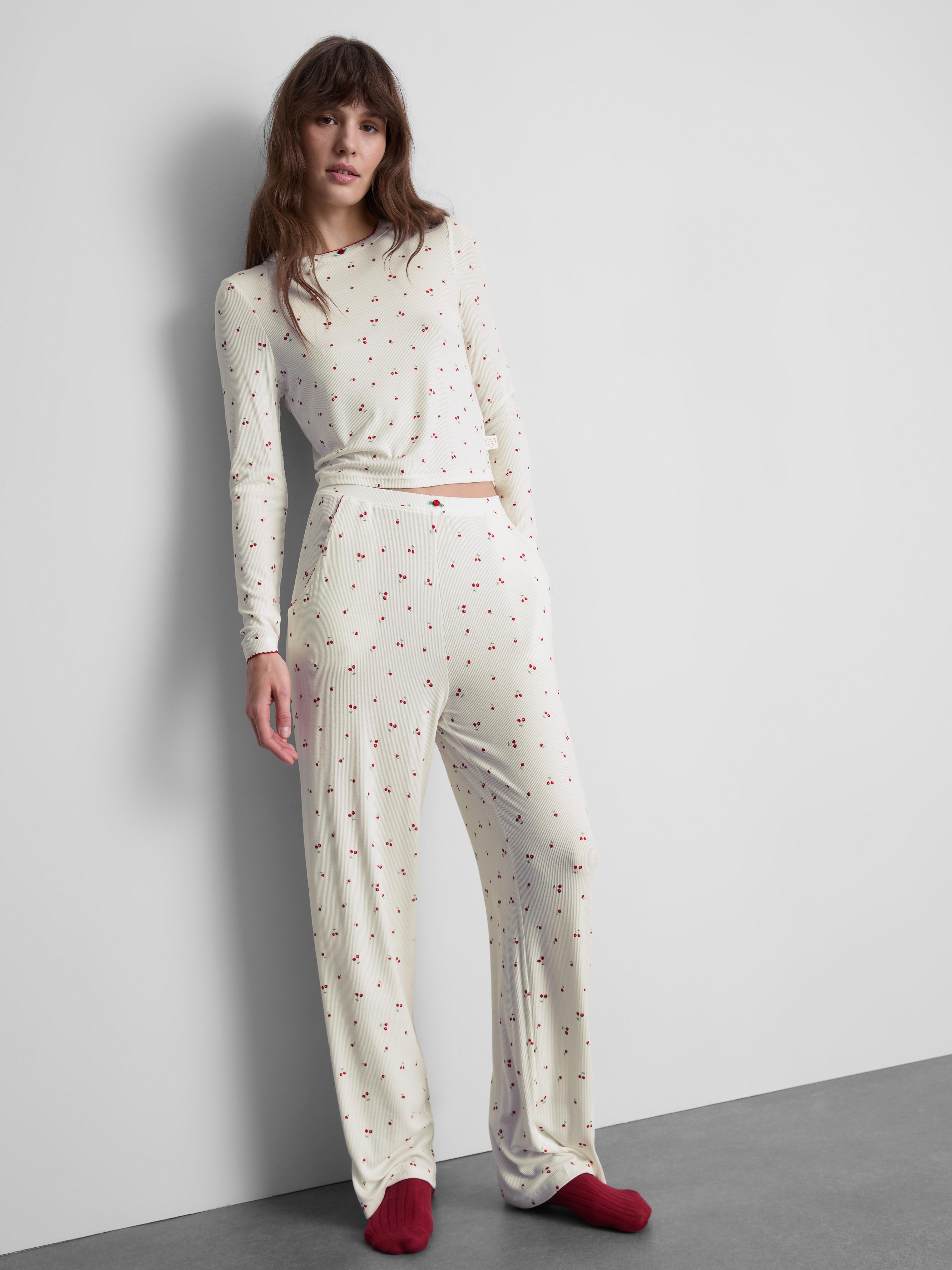 Ribbed Cherry Print Long Sleeve Pyjama Top