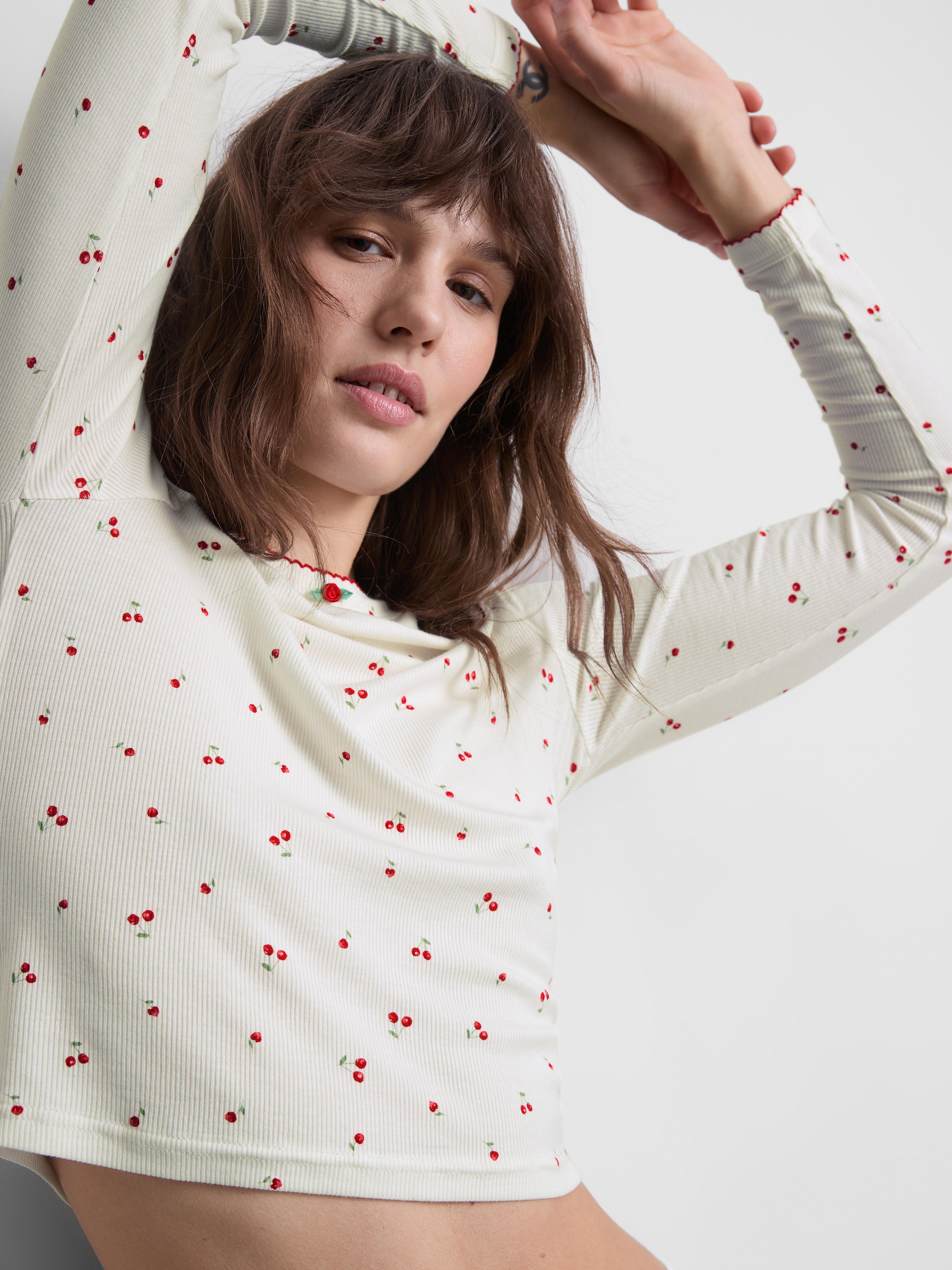 Ribbed Cherry Print Long Sleeve Pyjama Top