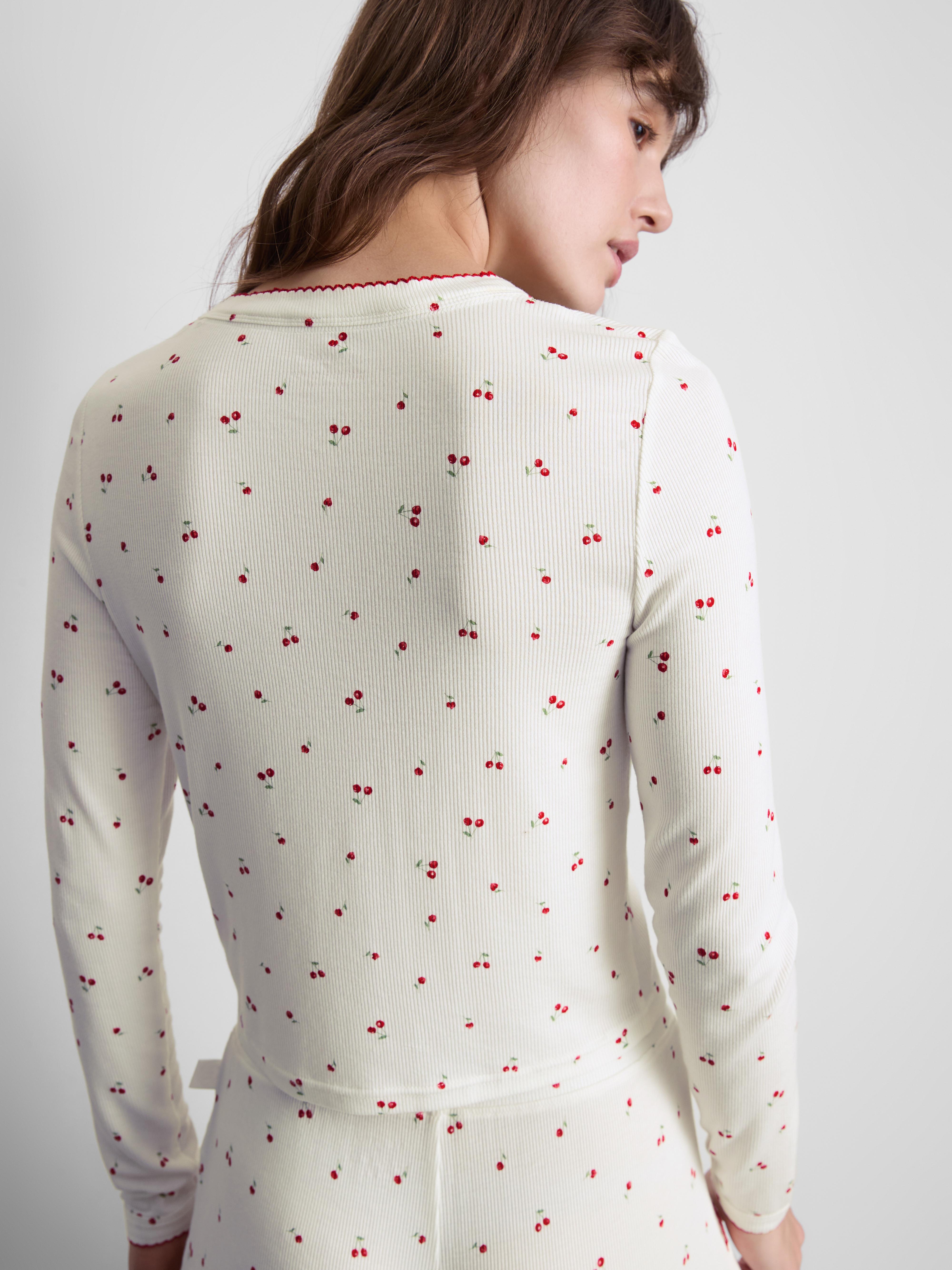 Ribbed Cherry Print Long Sleeve Pyjama Top
