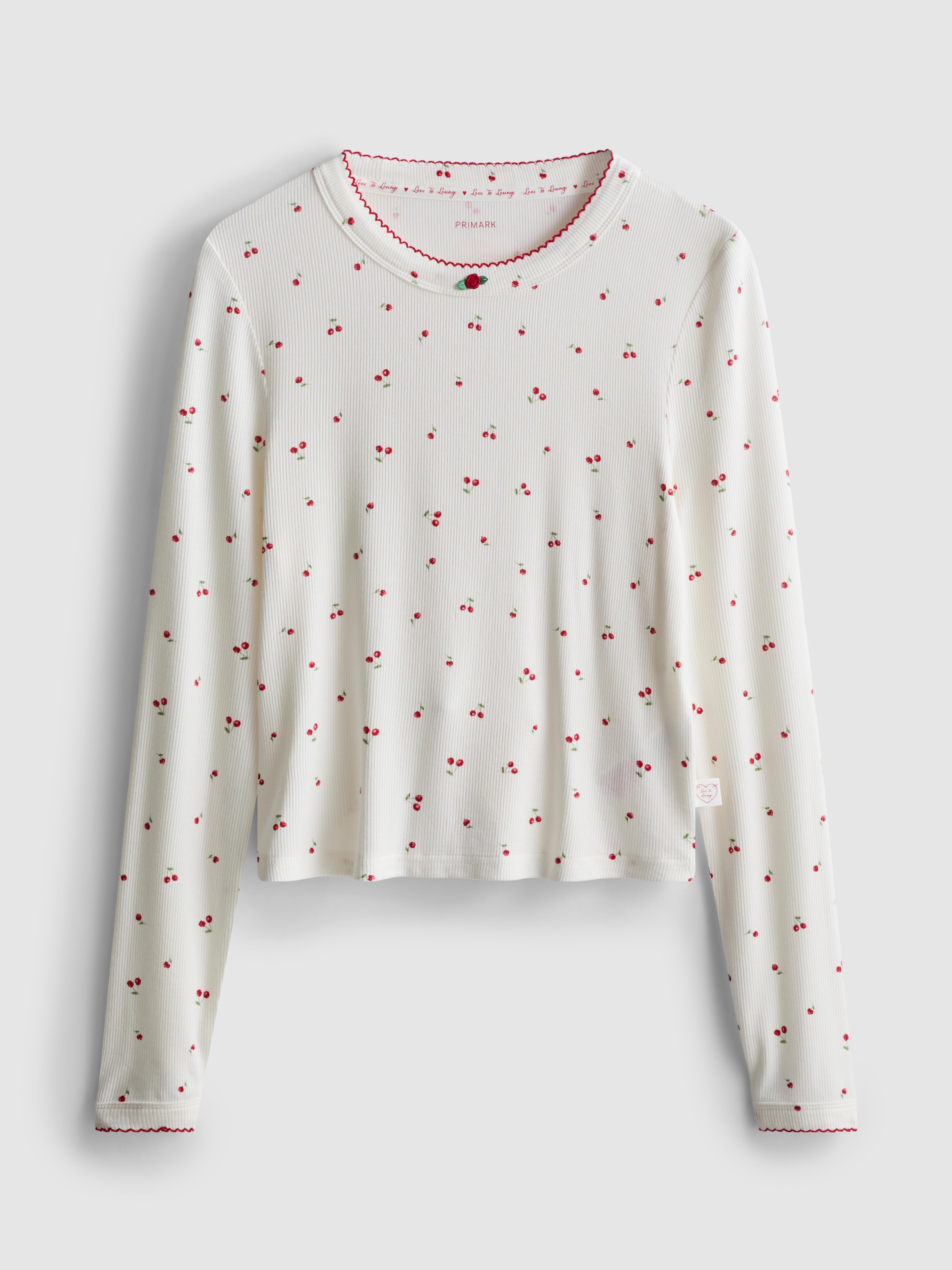 Ribbed Cherry Print Long Sleeve Pyjama Top