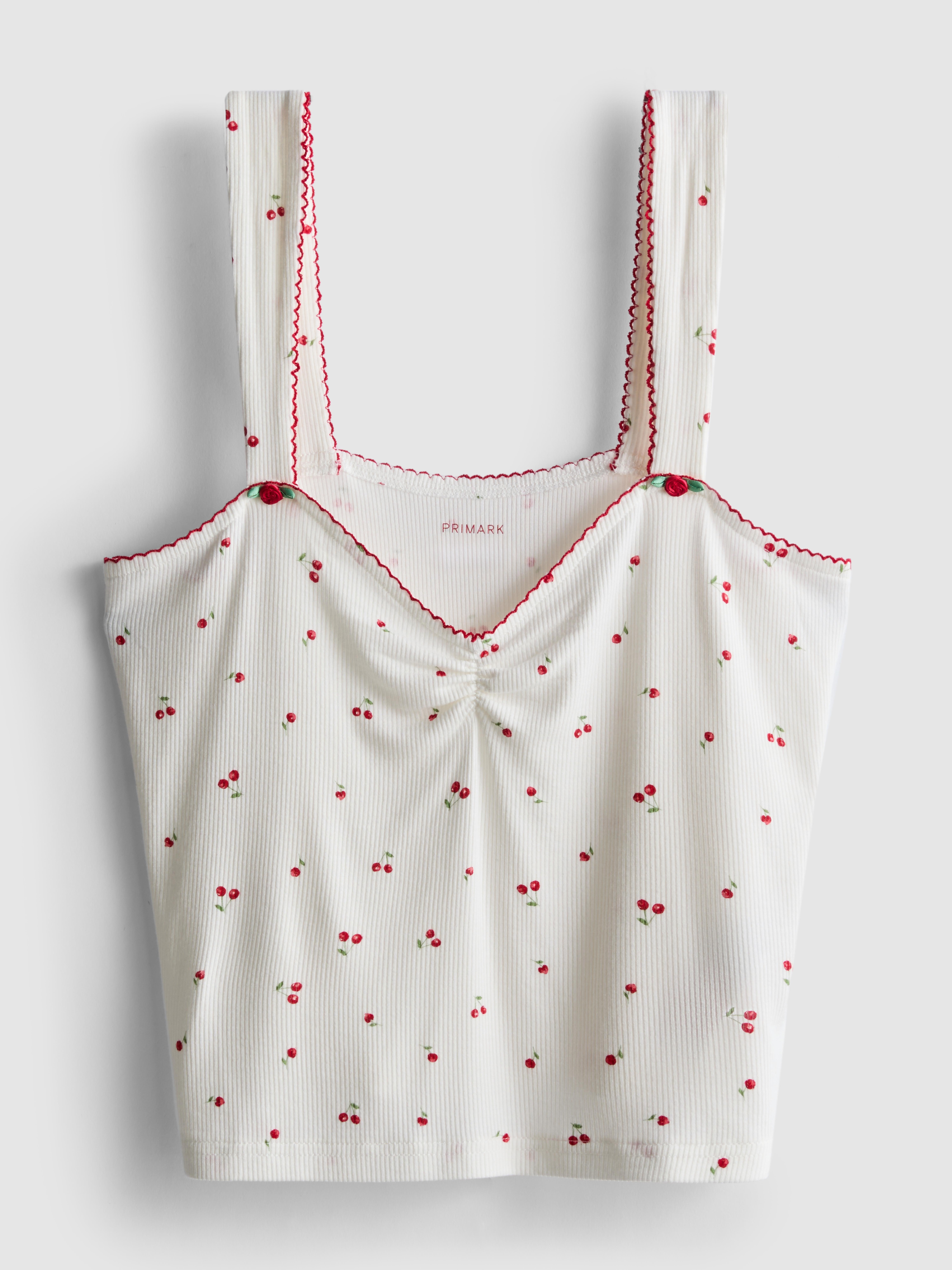 Women's White Ribbed Cherry Print Cami Pajama Top