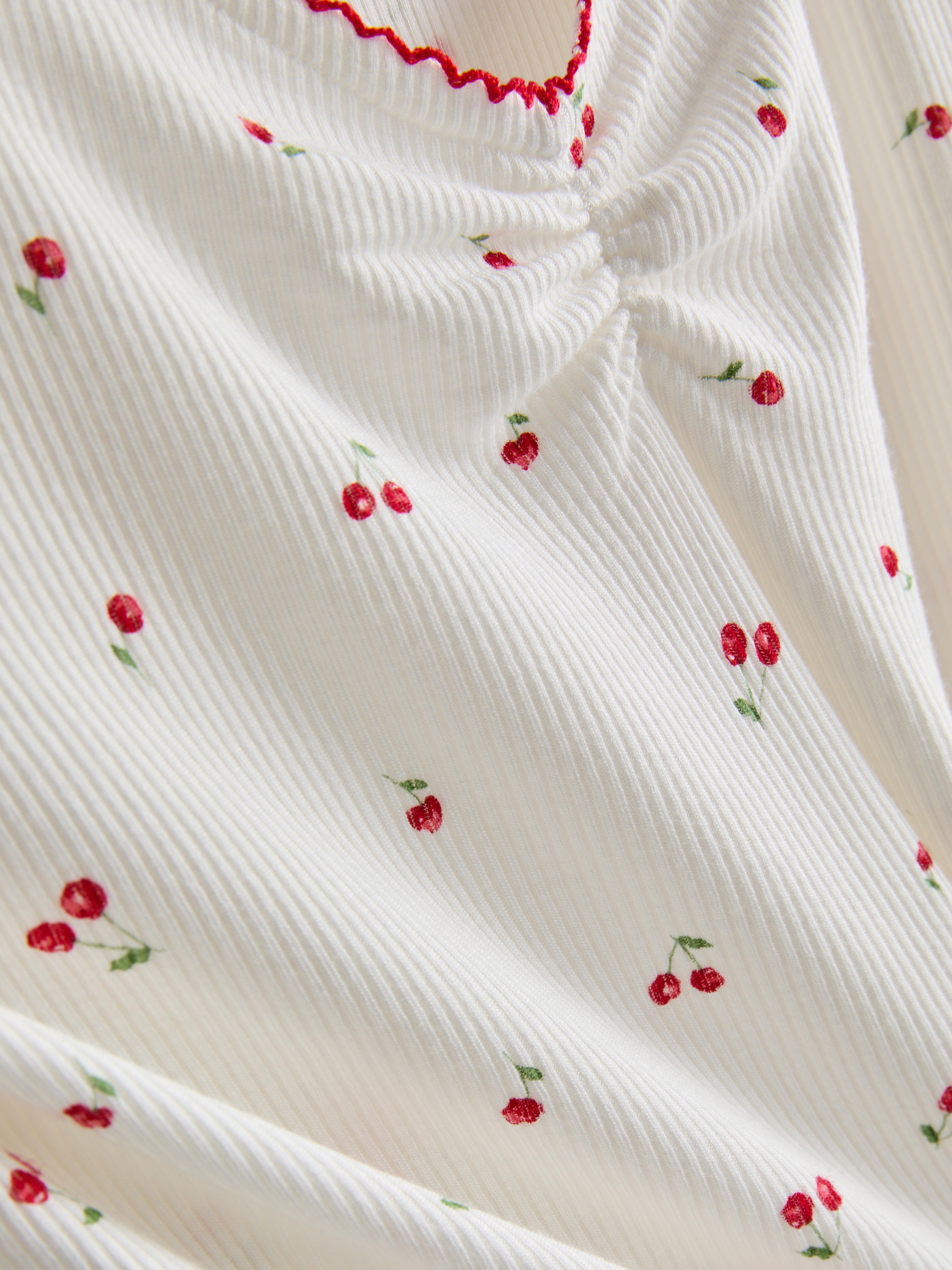 Women's White Ribbed Cherry Print Cami Pajama Top