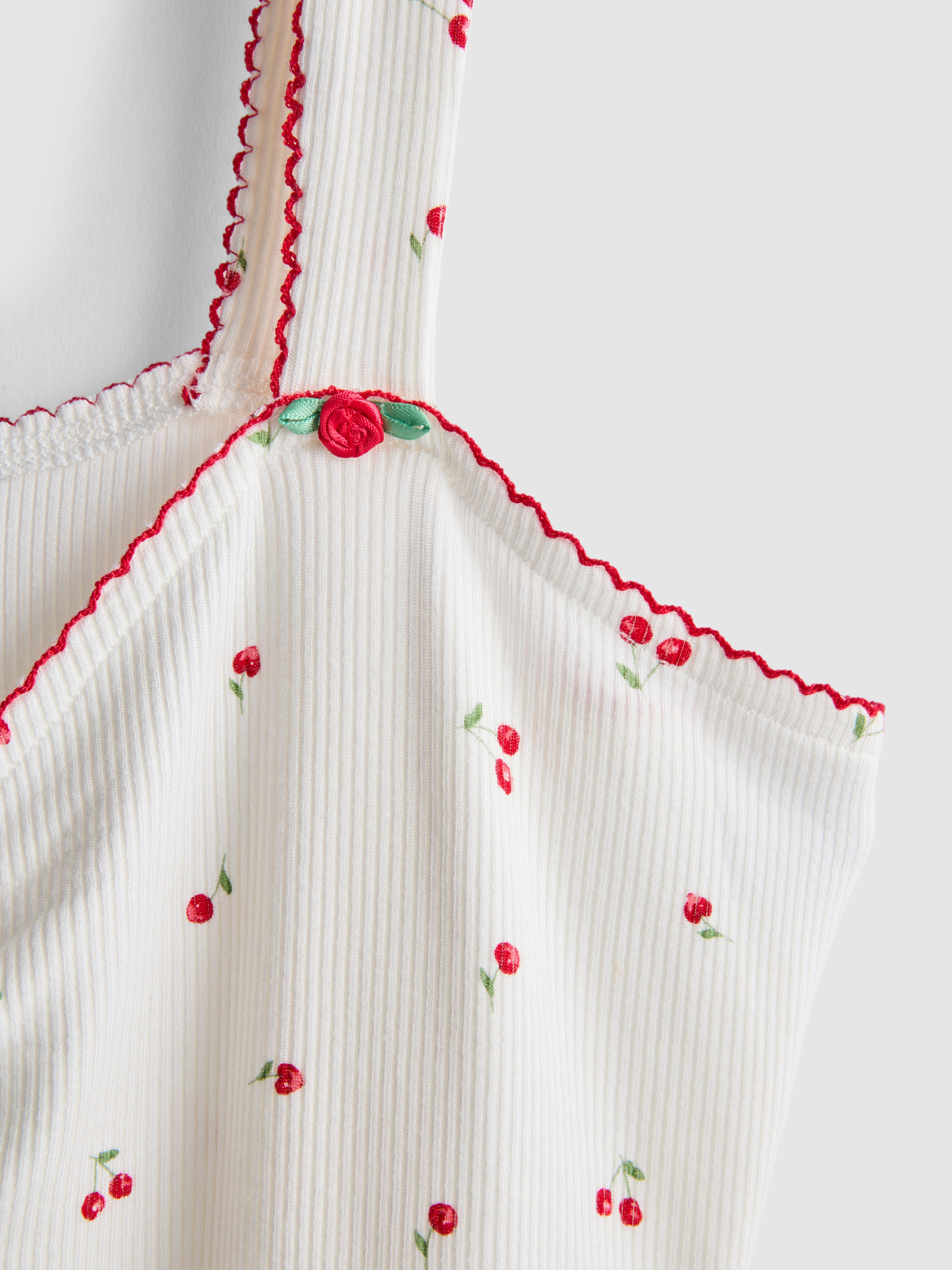 Women's White Ribbed Cherry Print Cami Pajama Top