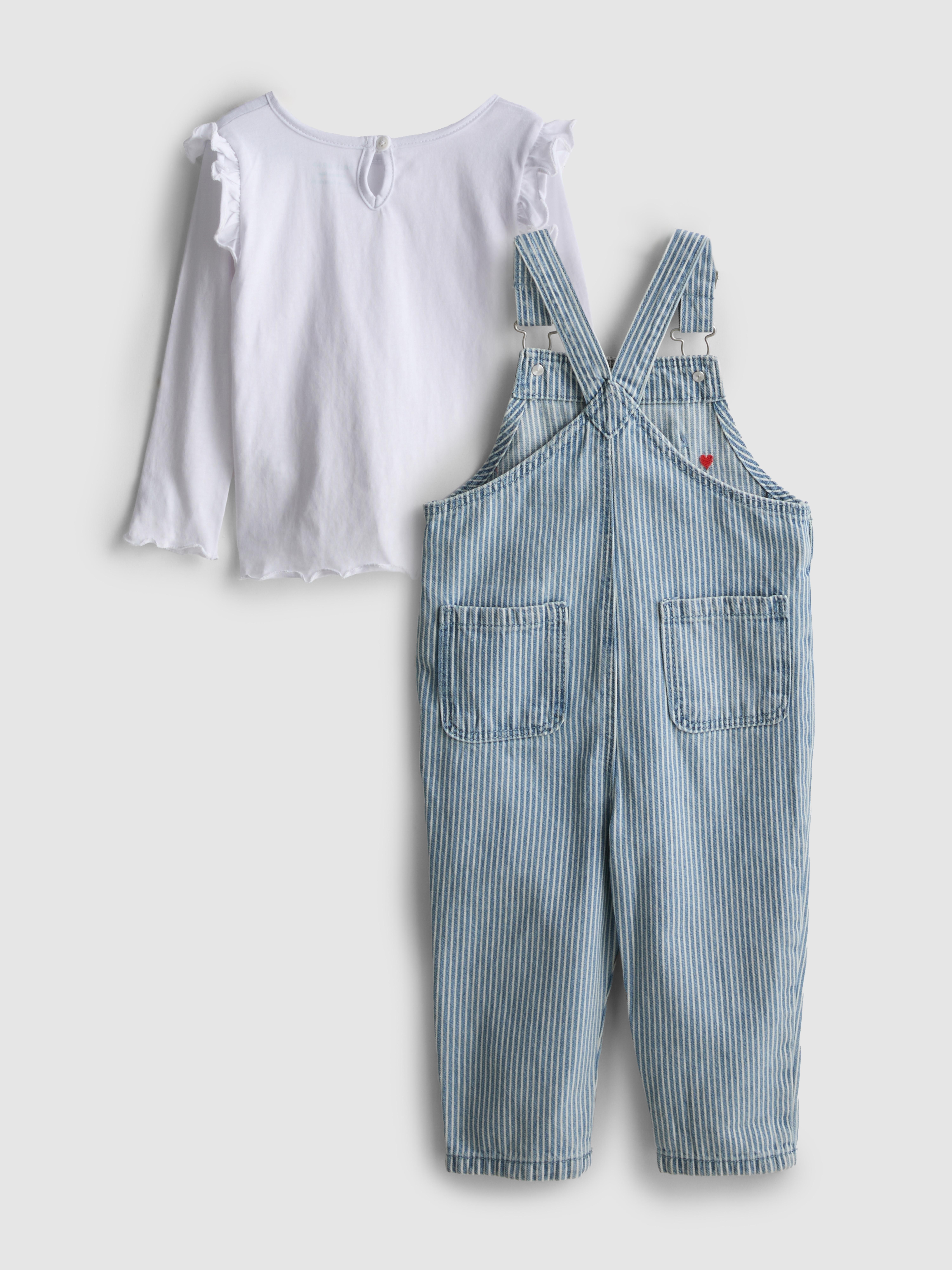 0-36mths | Ruffle Long Sleeve T-Shirt and Heart Embroidered Dungarees Set