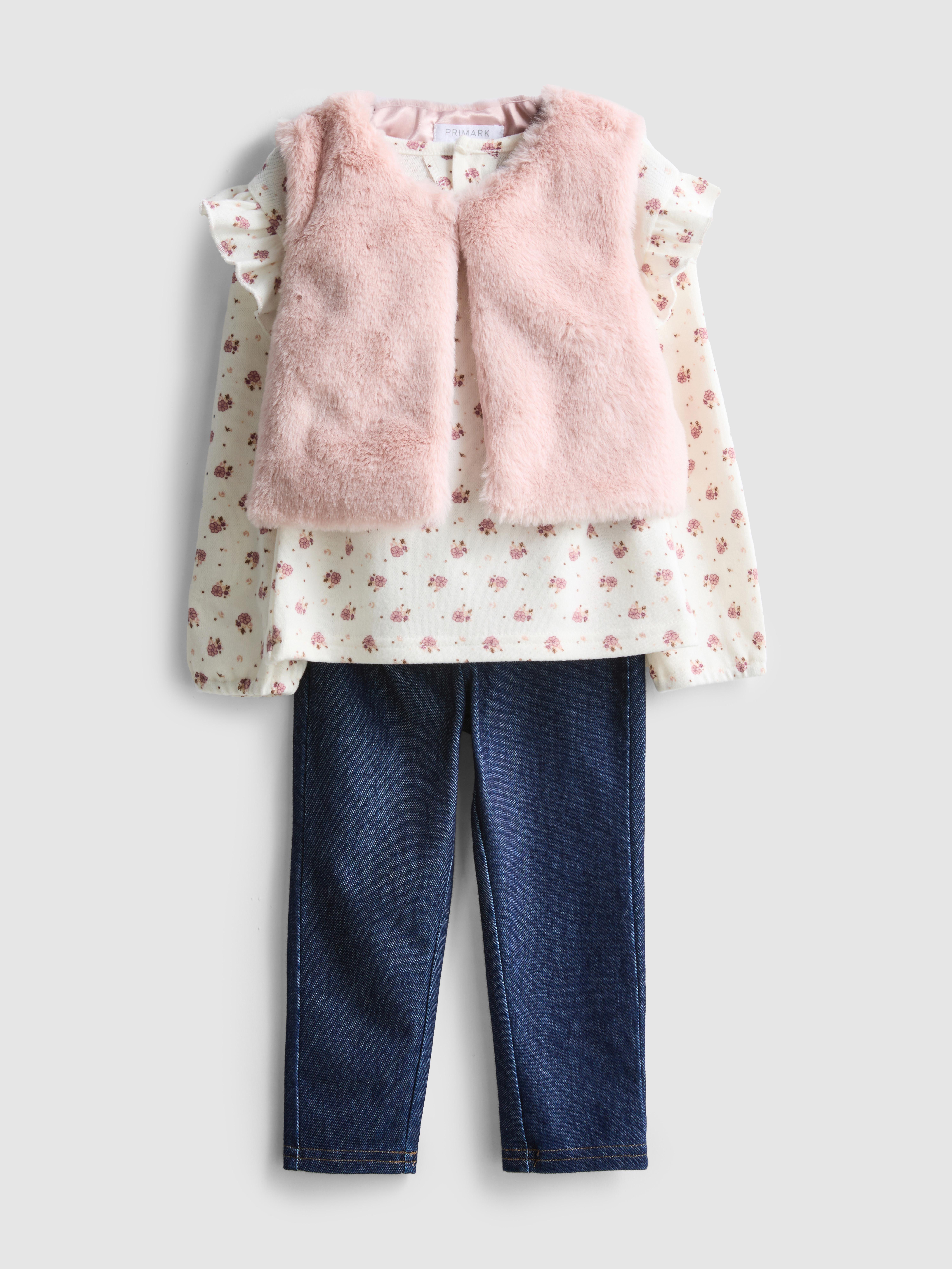 Baby Girls Multi 0-36mths | Long Sleeve T-Shirt, Jeggings and Faux Fur Vest Set