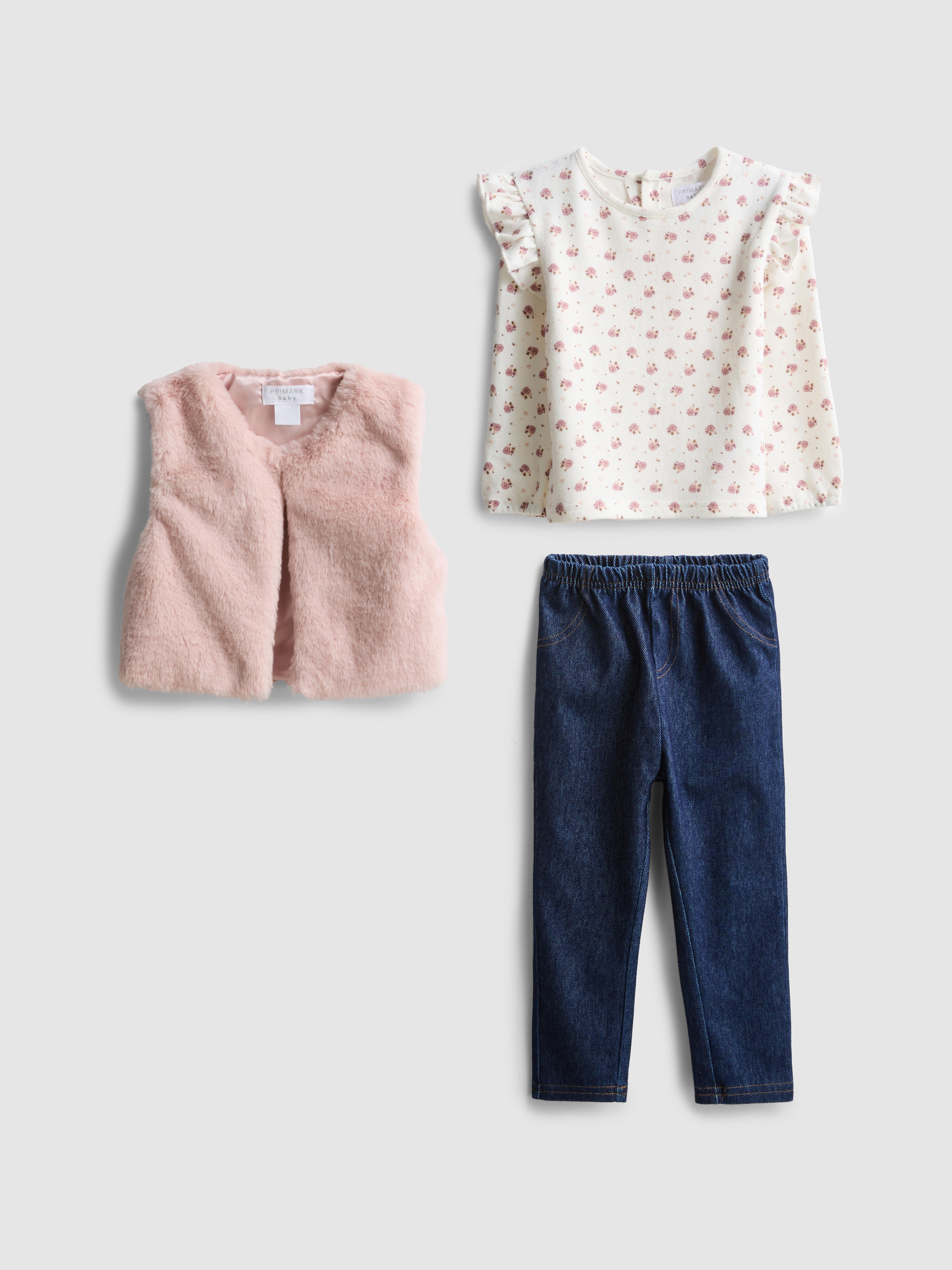 Baby Girls Multi 0-36mths | Long Sleeve T-Shirt, Jeggings and Faux Fur Vest Set