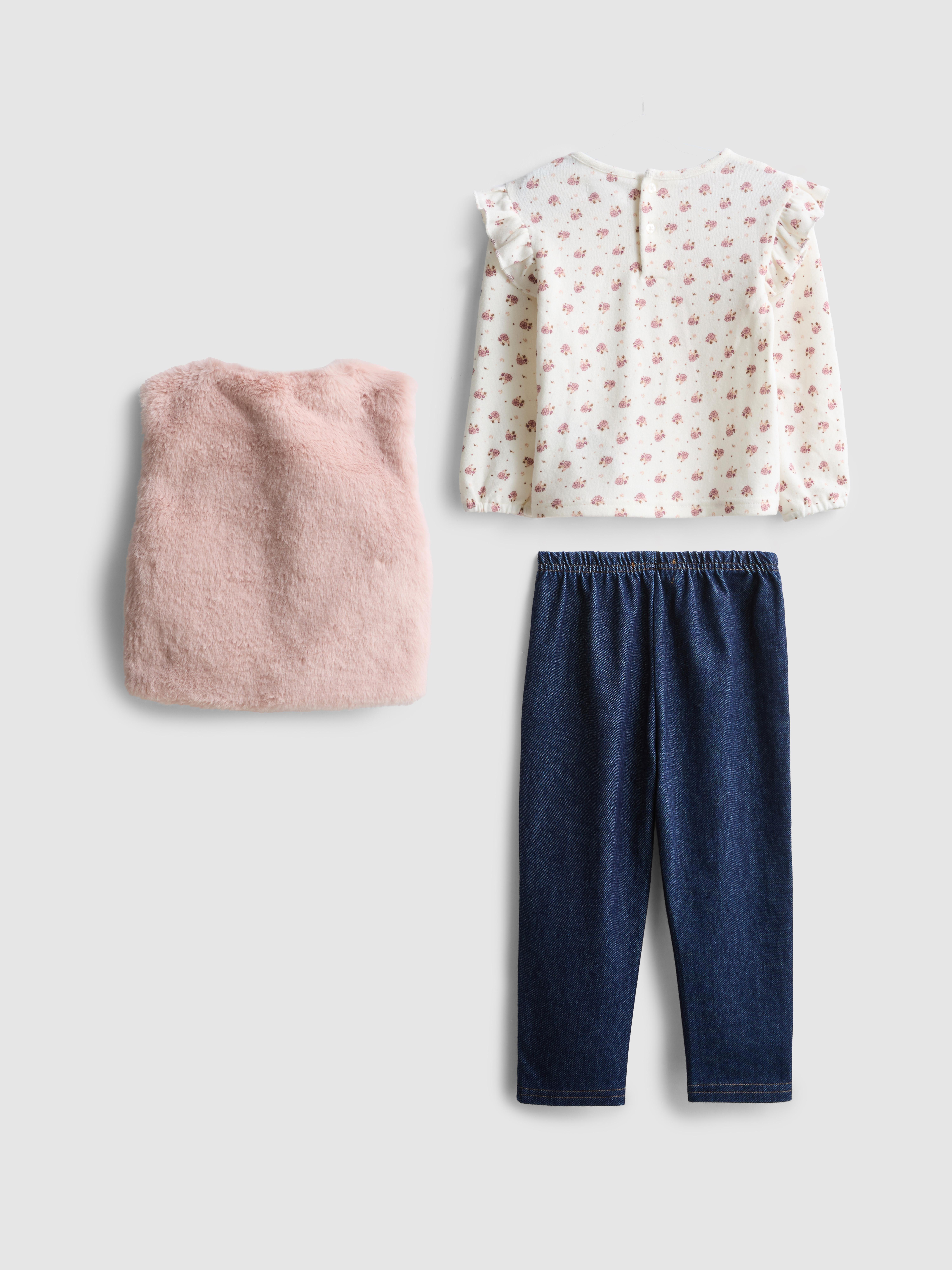 Baby Girls Multi 0-36mths | Long Sleeve T-Shirt, Jeggings and Faux Fur Vest Set