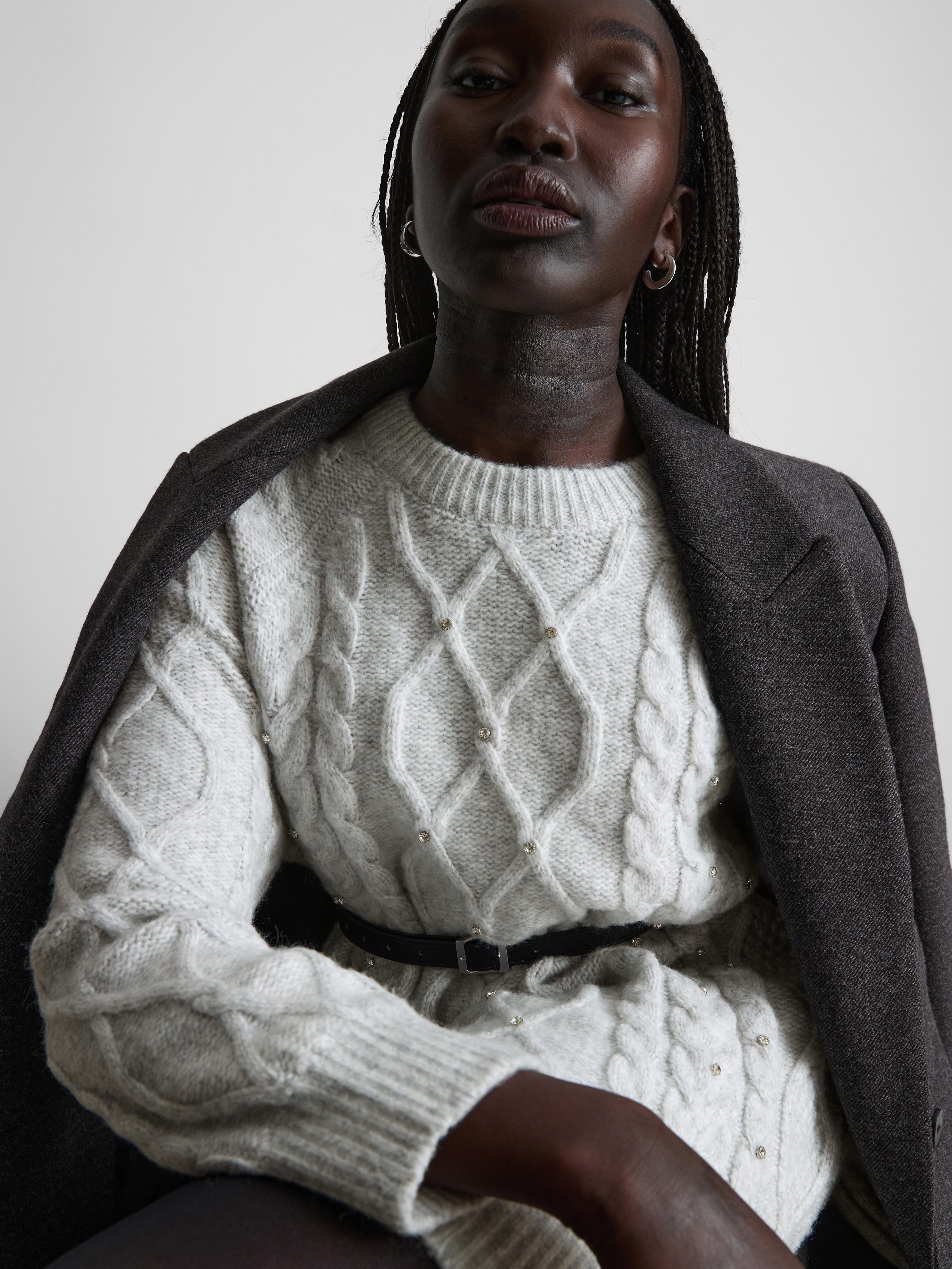 Embroidered Cable Knit Sweater Dress