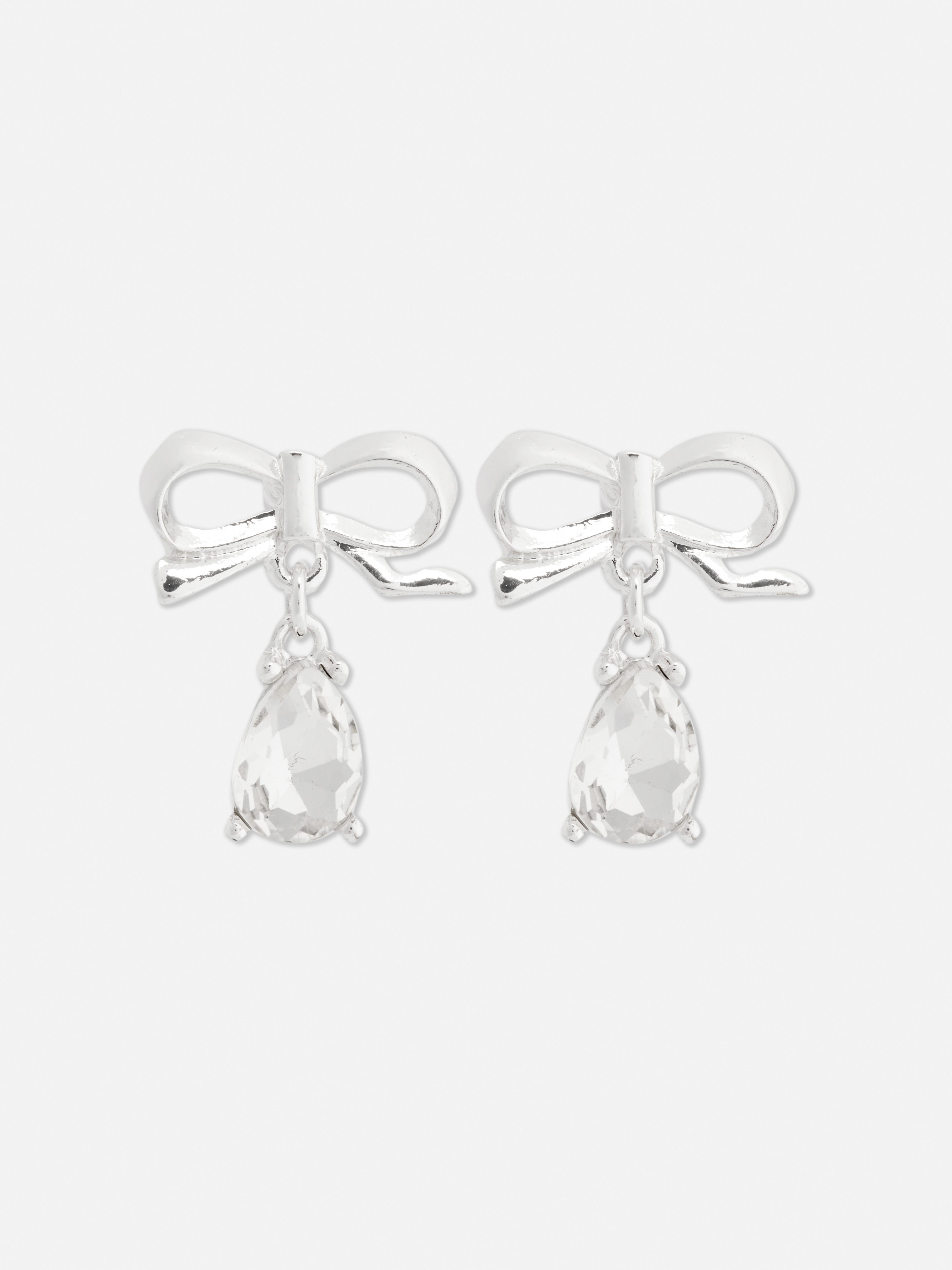 Bow Diamanté Drop Stud Earrings
