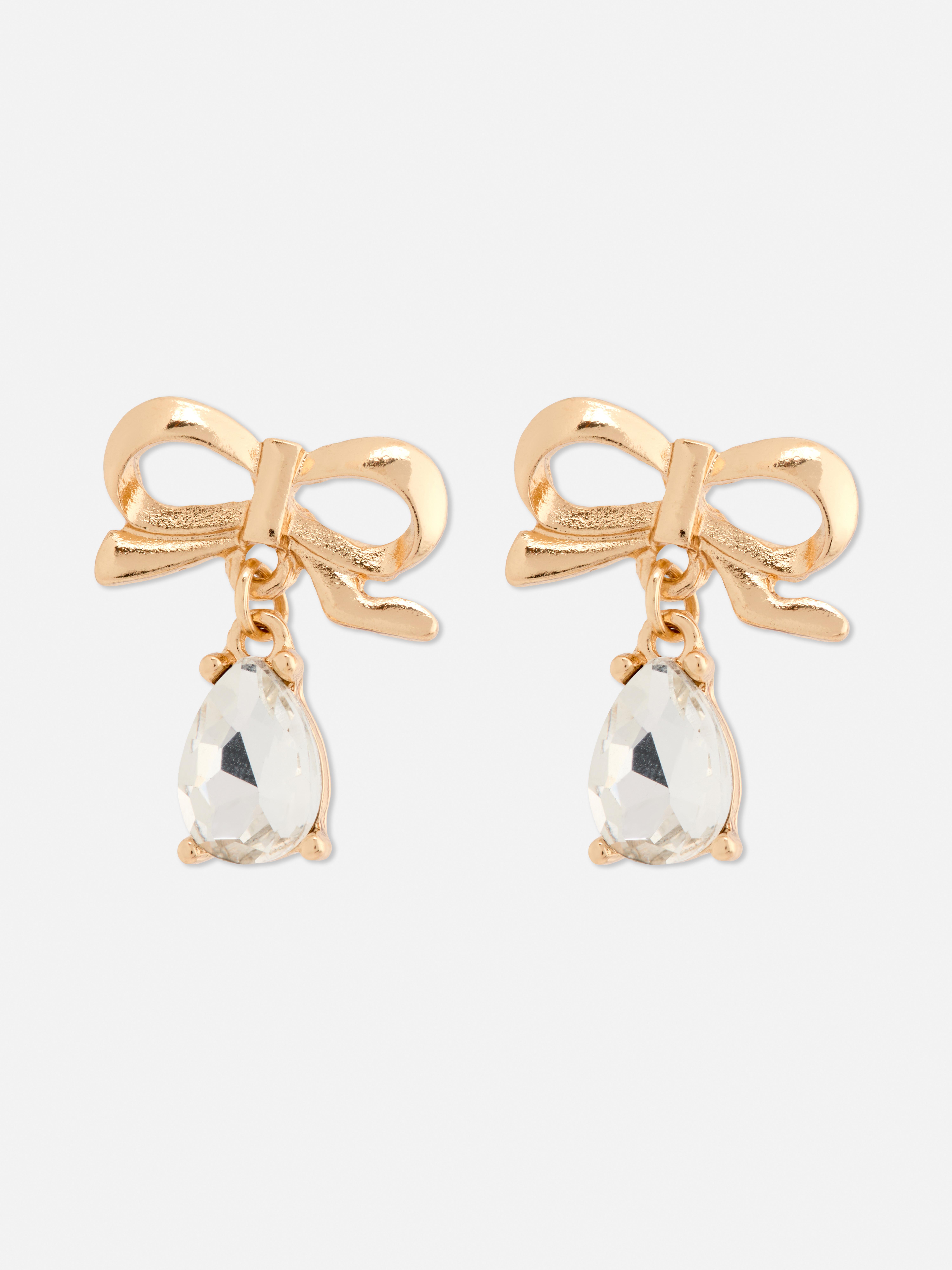 Bow Diamanté Drop Stud Earrings Yellow